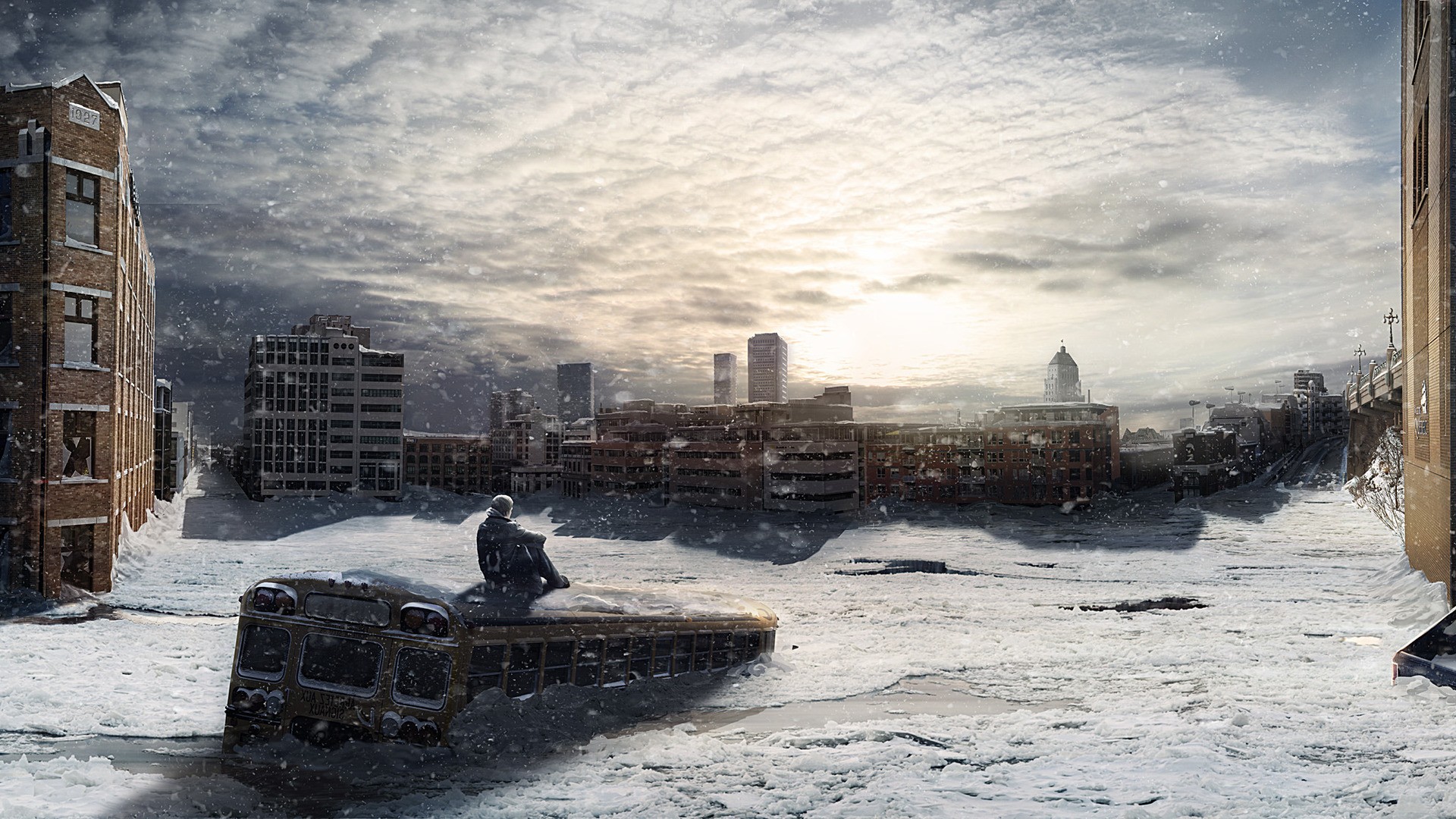 Apocalyptic S.T.A.L.K.E.R. cityscape with a lone figure on a bus HD Wallpaper
