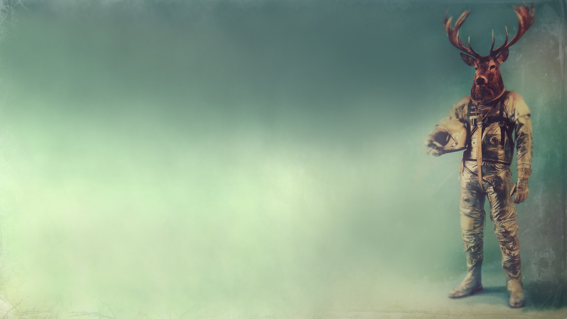 Deer-headed astronaut holding a helmet HD Wallpaper