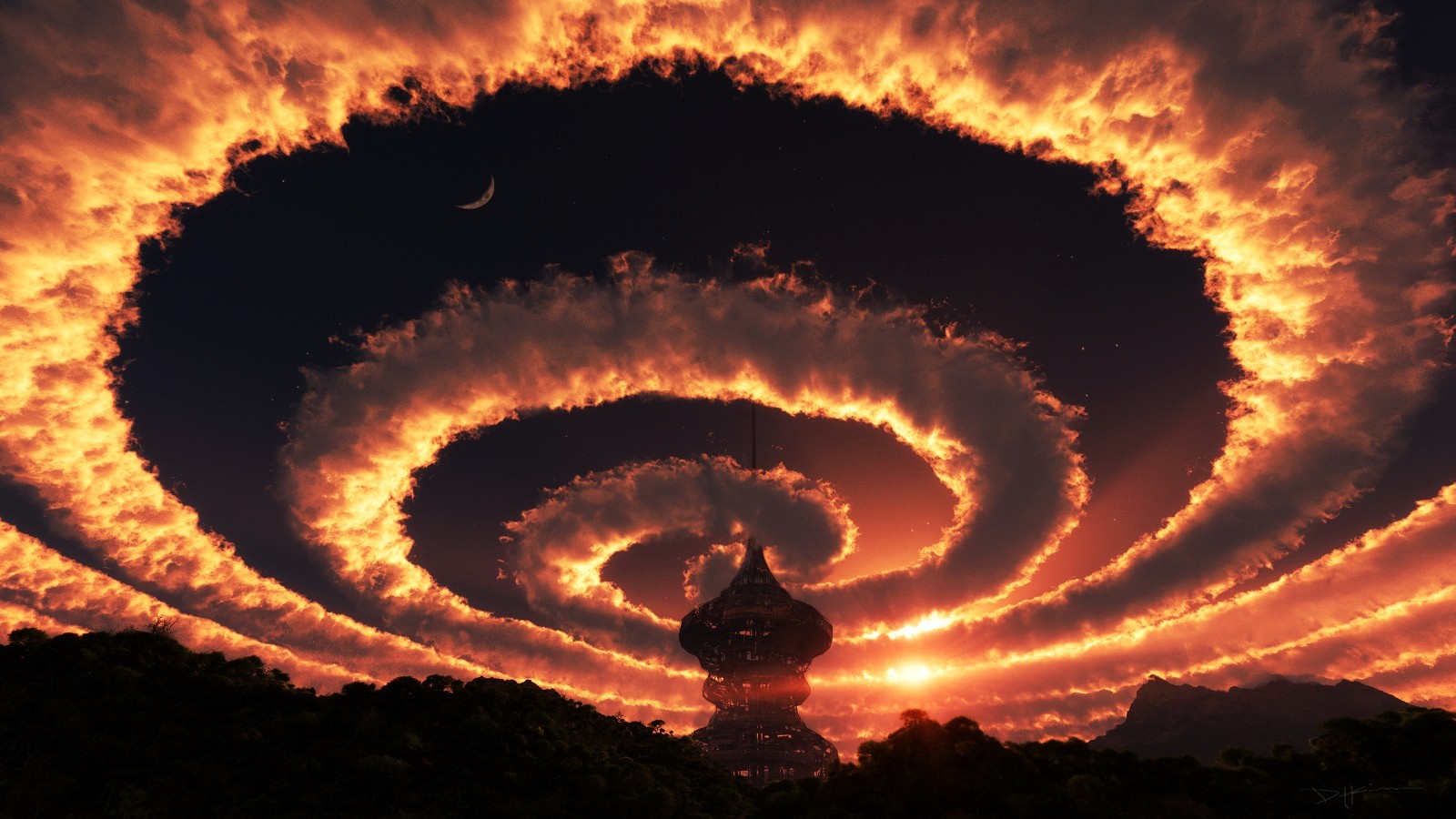 Fantasy spiral clouds over alien structure at sunset HD Wallpaper