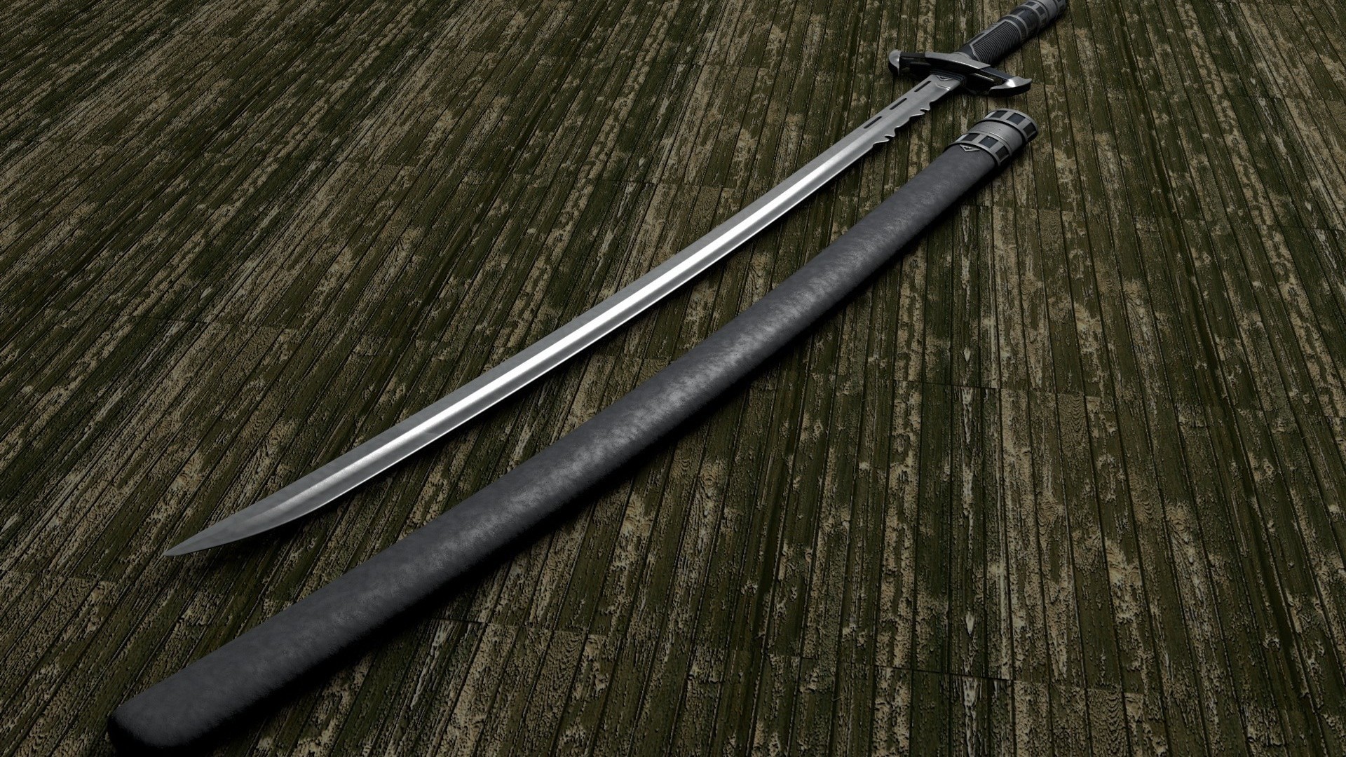 A sword and its scabbard on a wooden surface HD Wallpaper