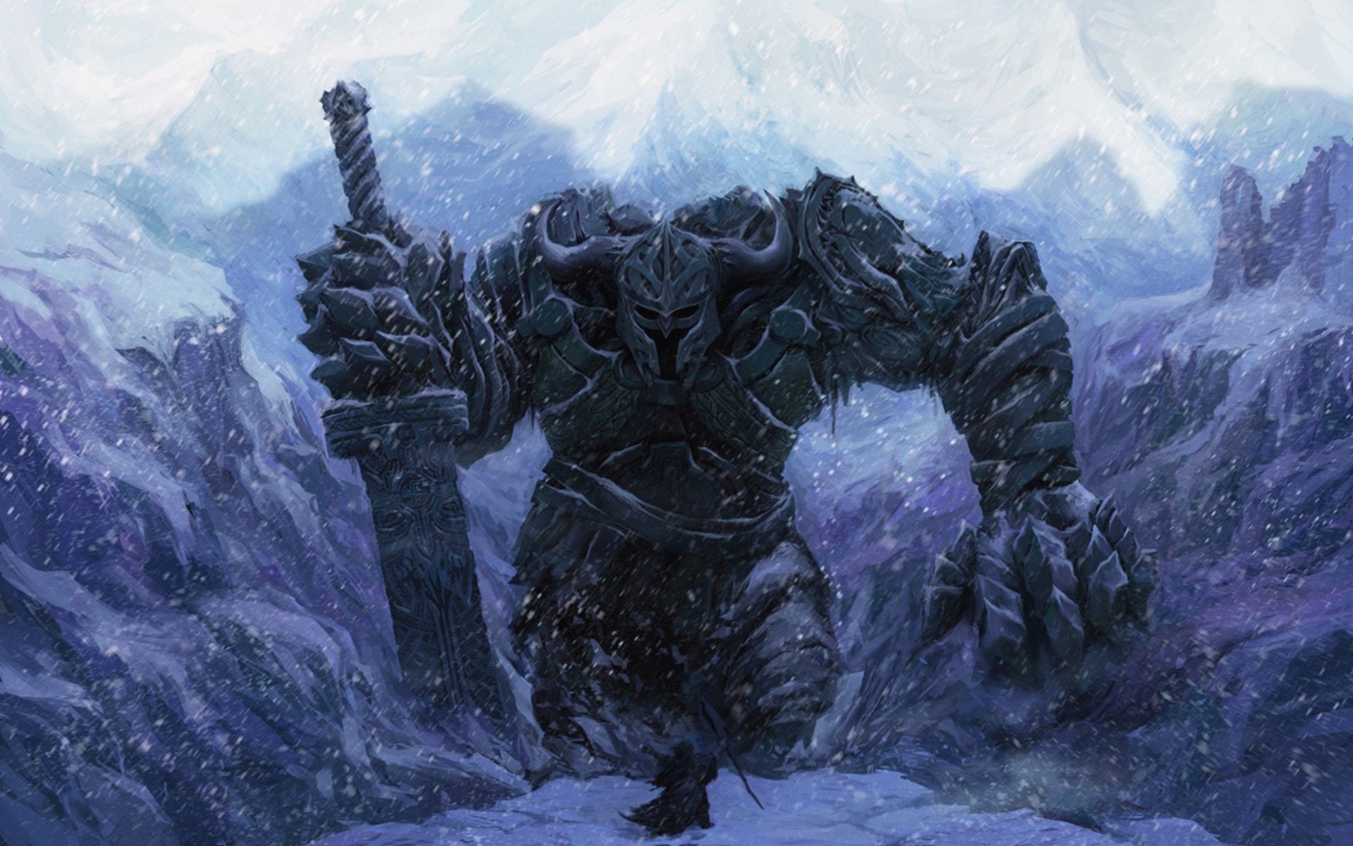 Giant warrior with a sword in a snowy landscape HD Wallpaper