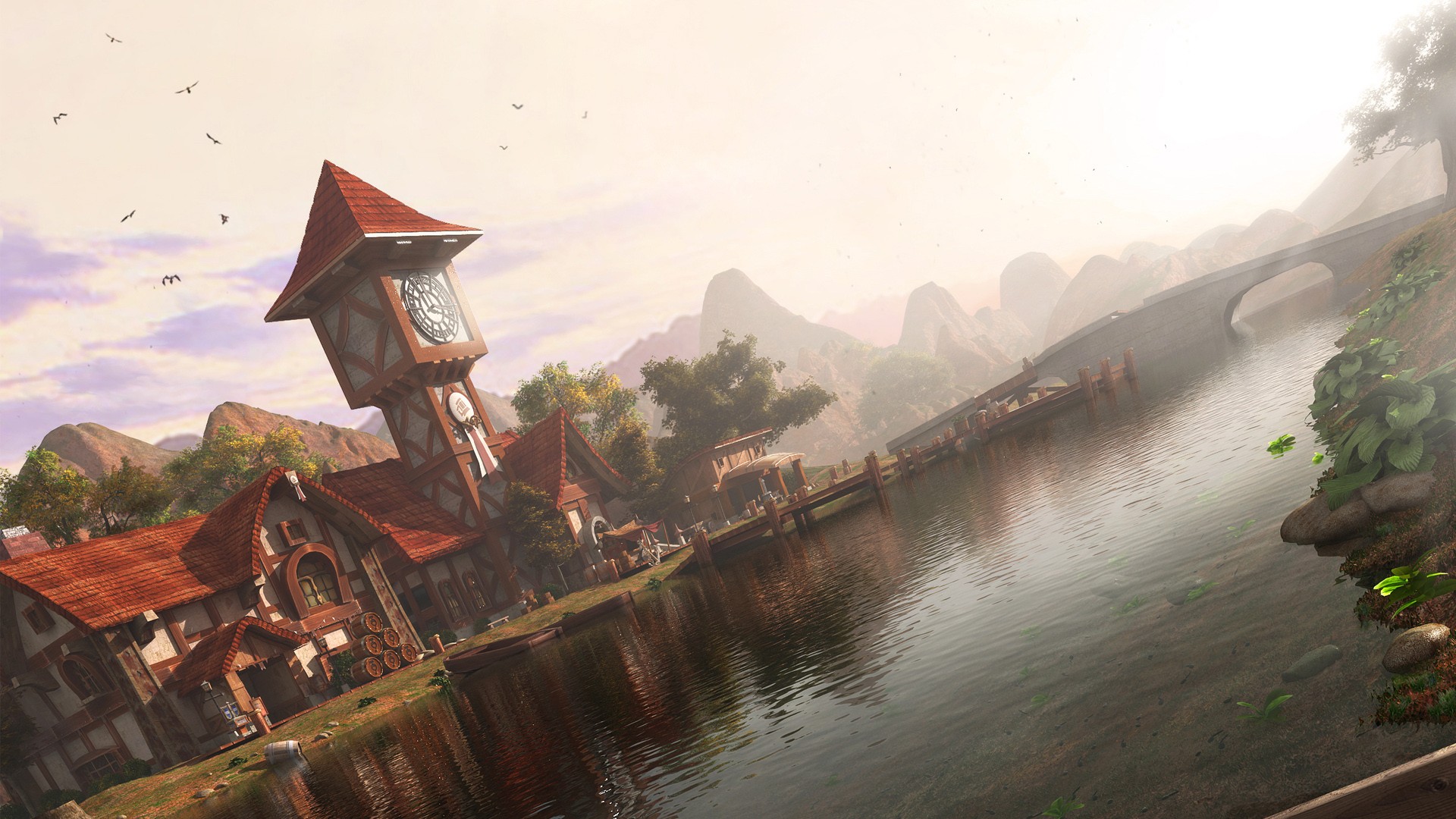 Fantasy village with clock tower by a lake HD Wallpaper