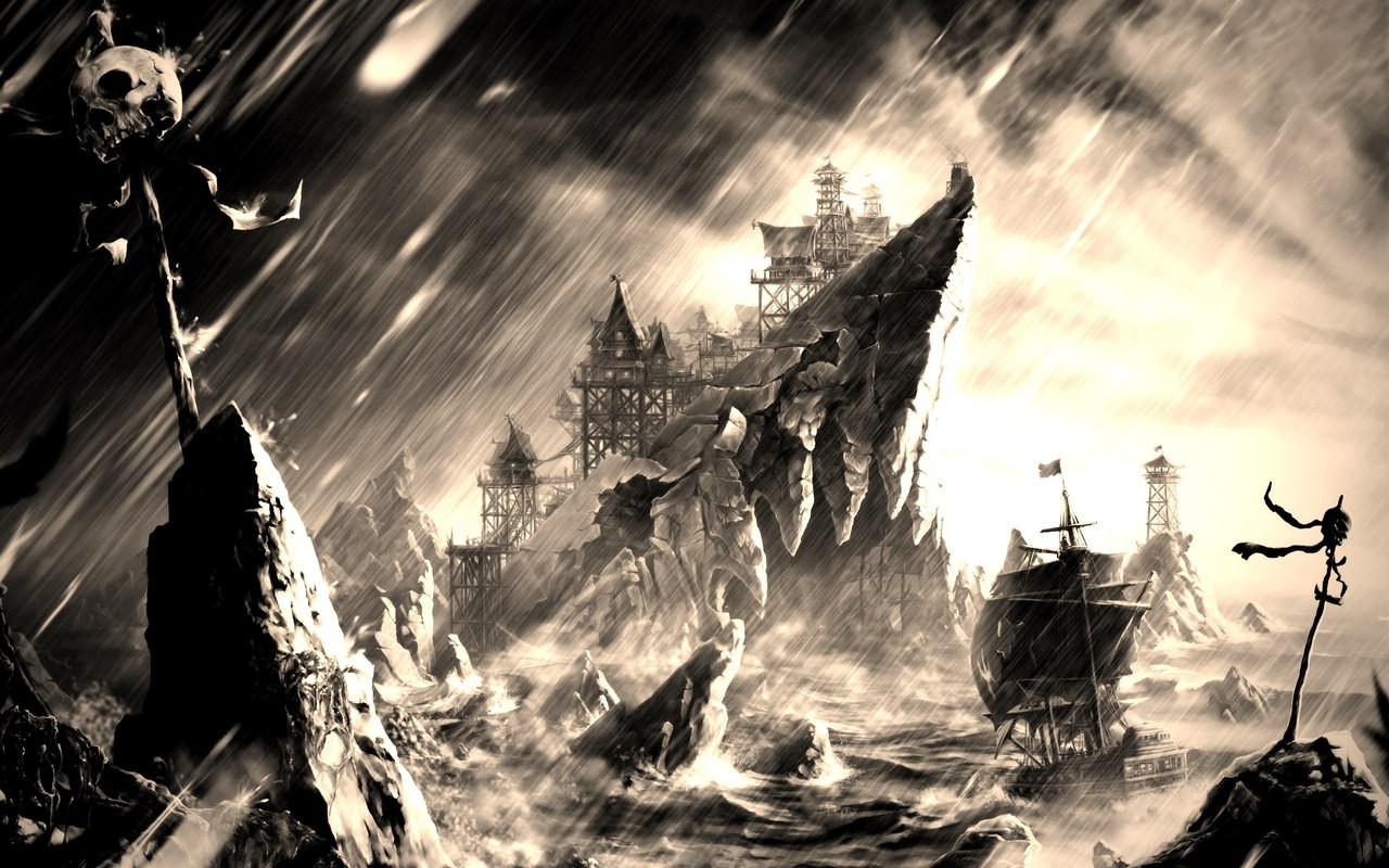 Pirate ship in a stormy sea near a rocky island HD Wallpaper