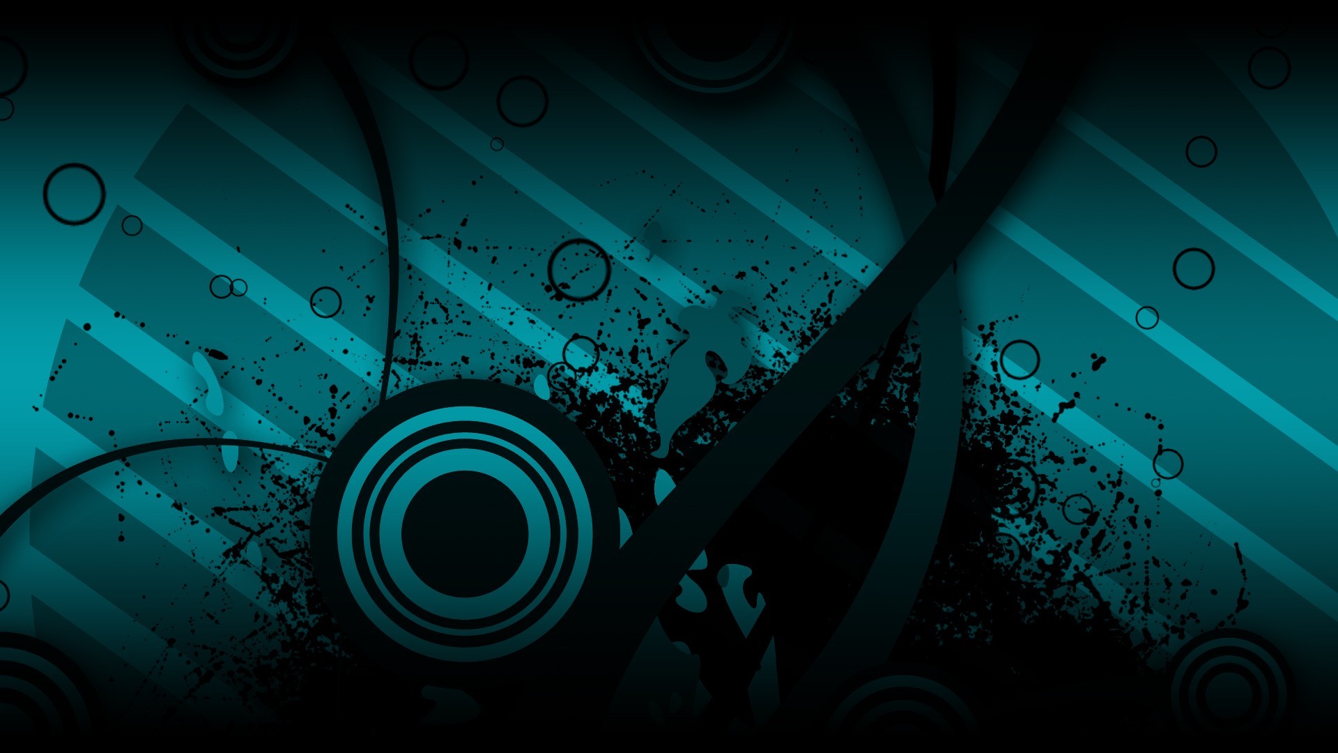 Abstract teal and black digital art with circles and lines HD Wallpaper
