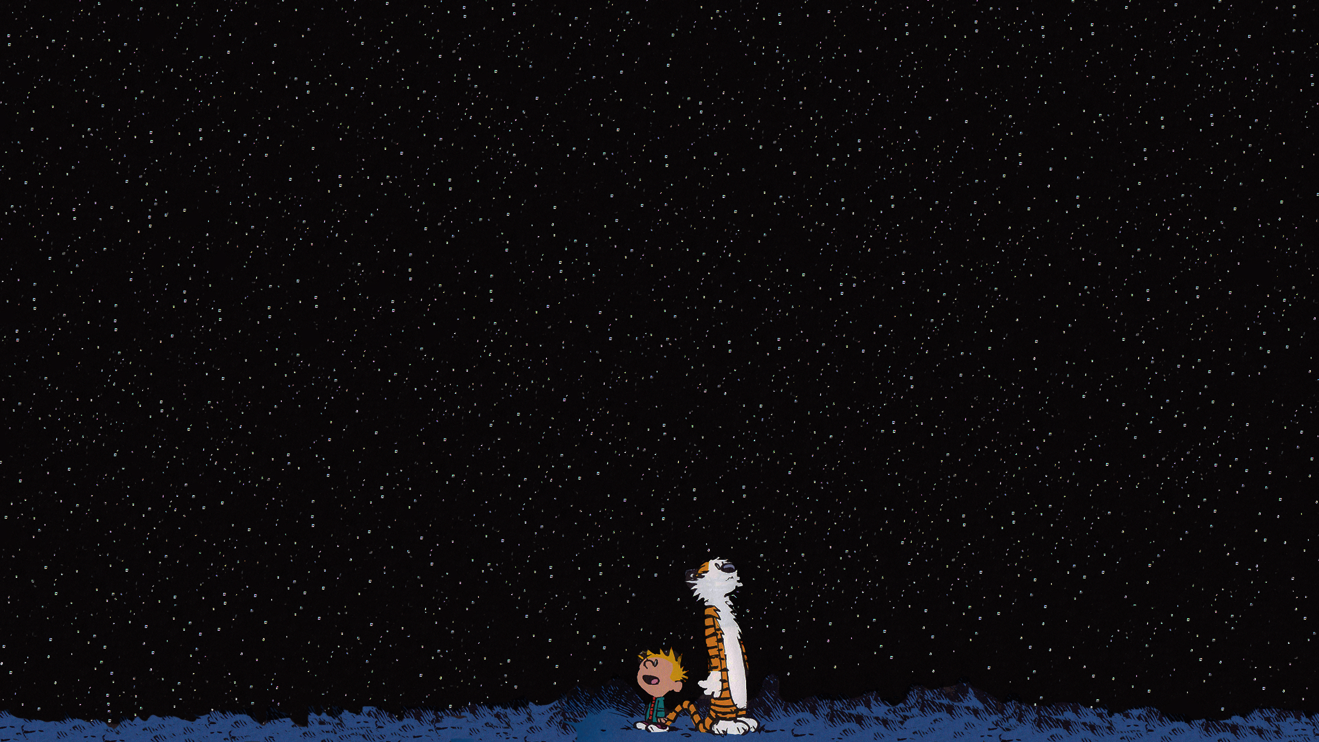 Calvin and Hobbes looking at the starry night sky HD Wallpaper
