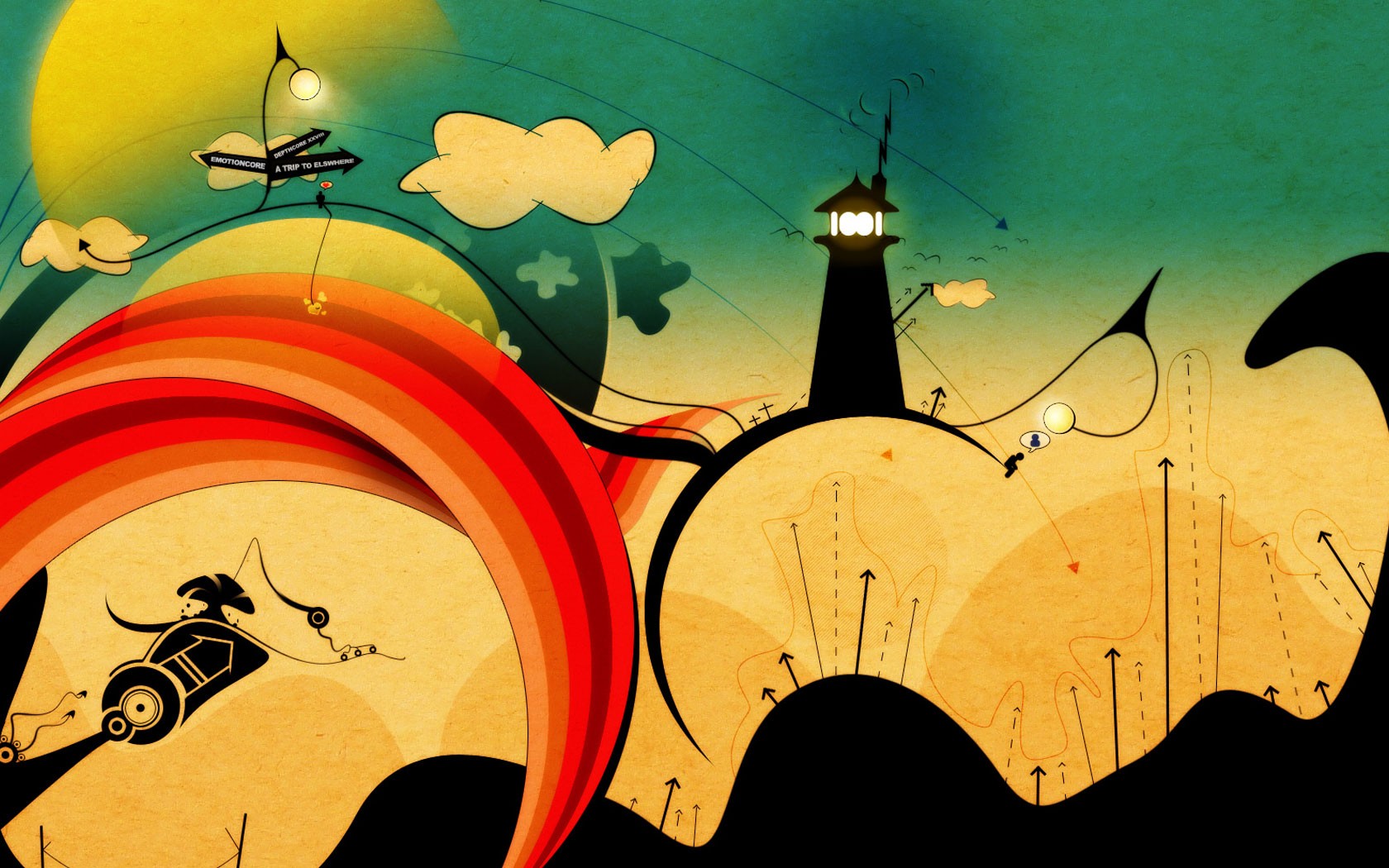 Abstract landscape with lighthouse and rainbow arc HD Wallpaper