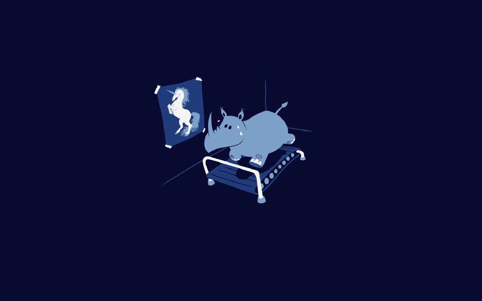 Rhino exercising on a treadmill with a unicorn poster HD Wallpaper