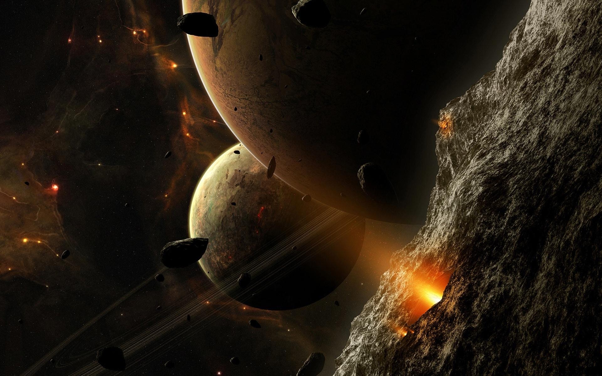 Planets and asteroids in deep space HD Wallpaper