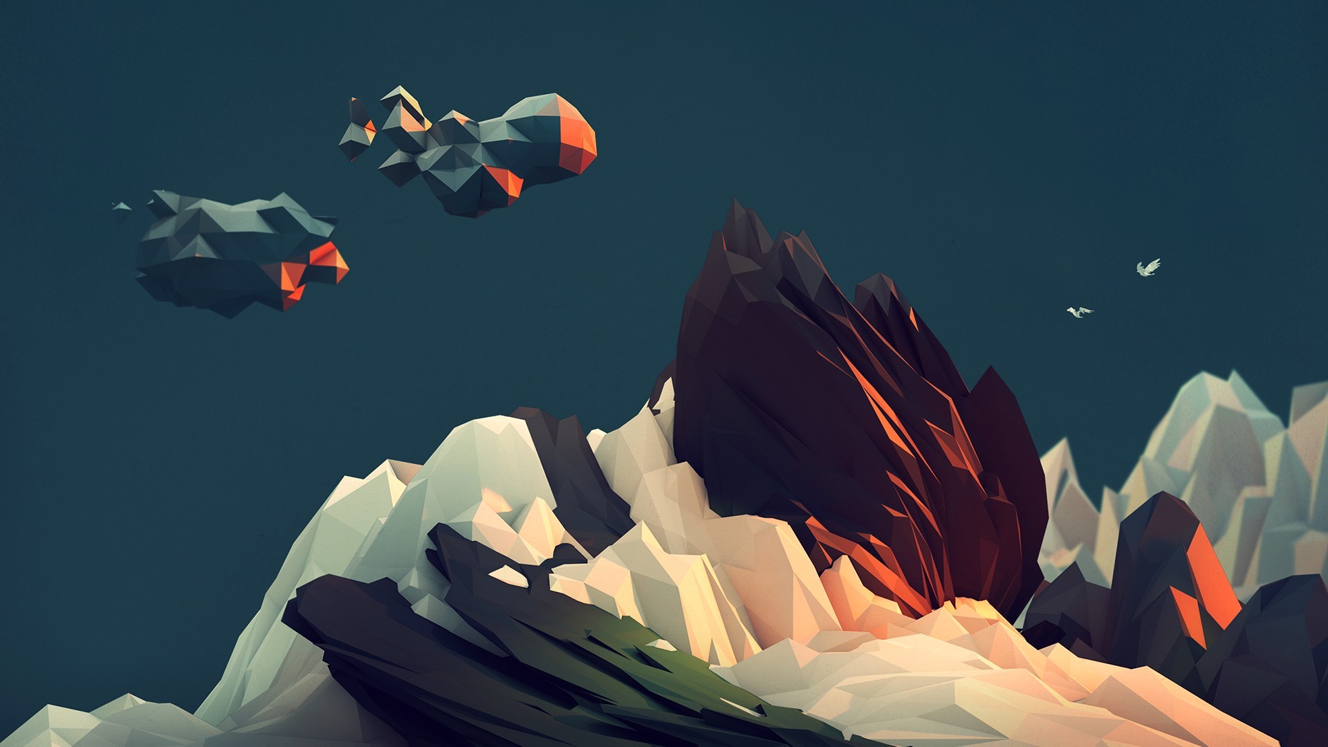 Low poly abstract mountains and clouds with birds HD Wallpaper