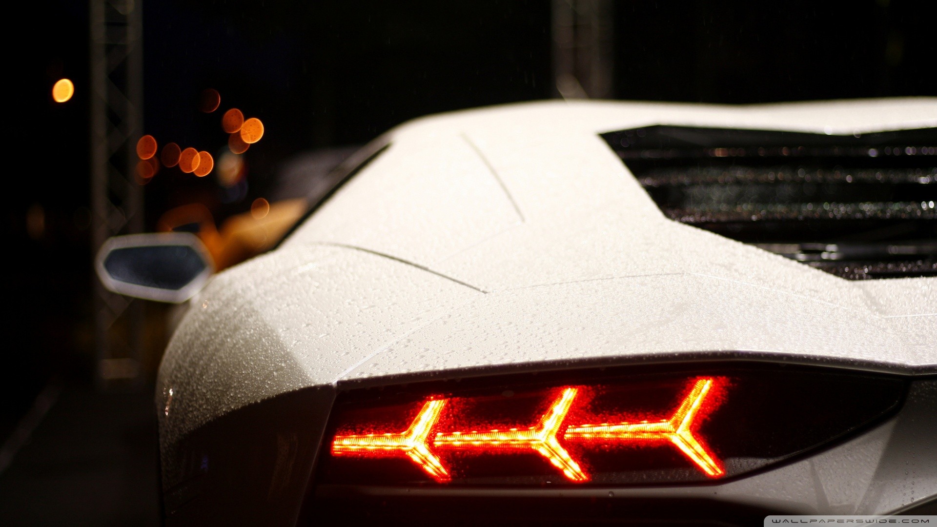 White Lamborghini Aventador taillight at night HD Wallpaper