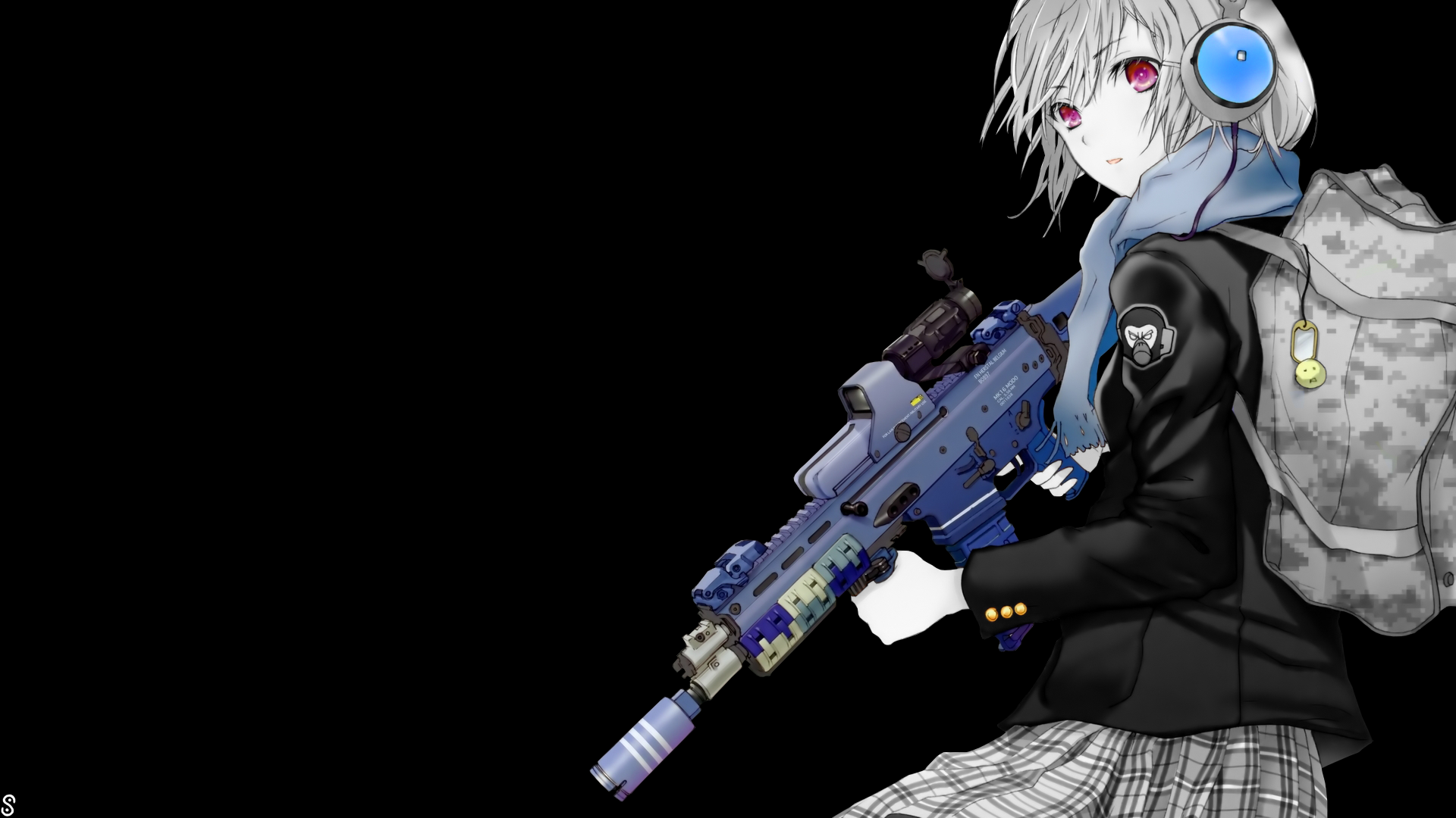 Anime girl with a rifle and backpack HD Wallpaper