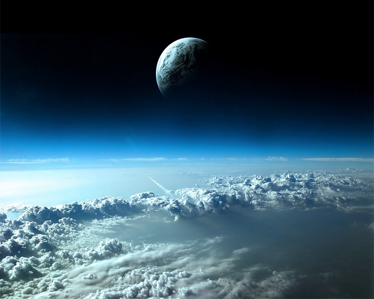 Earth and rocket in space above clouds HD Wallpaper