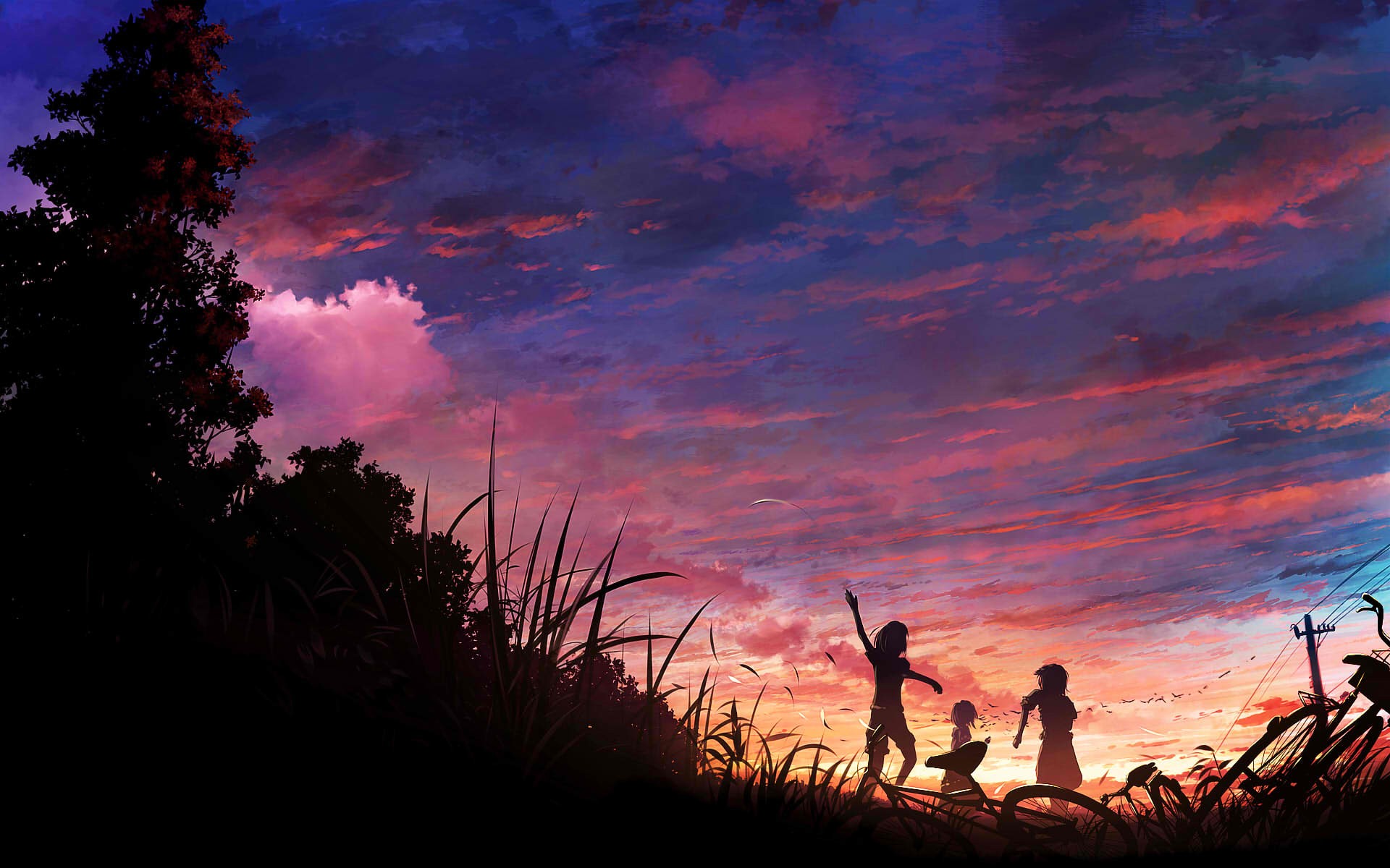 Anime children silhouetted against a sunset sky HD Wallpaper