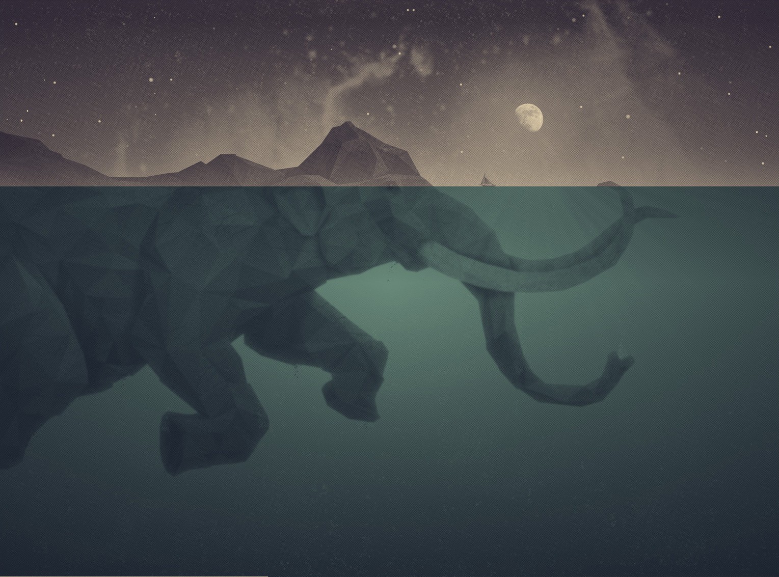 Digital art of an elephant submerged in water under a starry sky HD Wallpaper