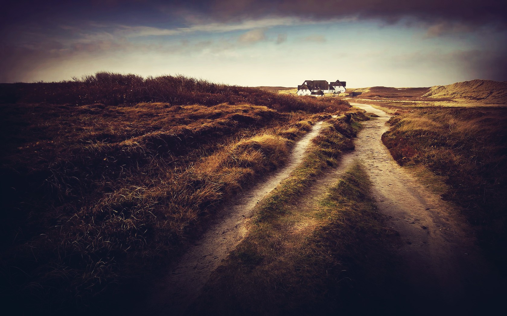Houses on a grassy plain under a cloudy sky HD Wallpaper