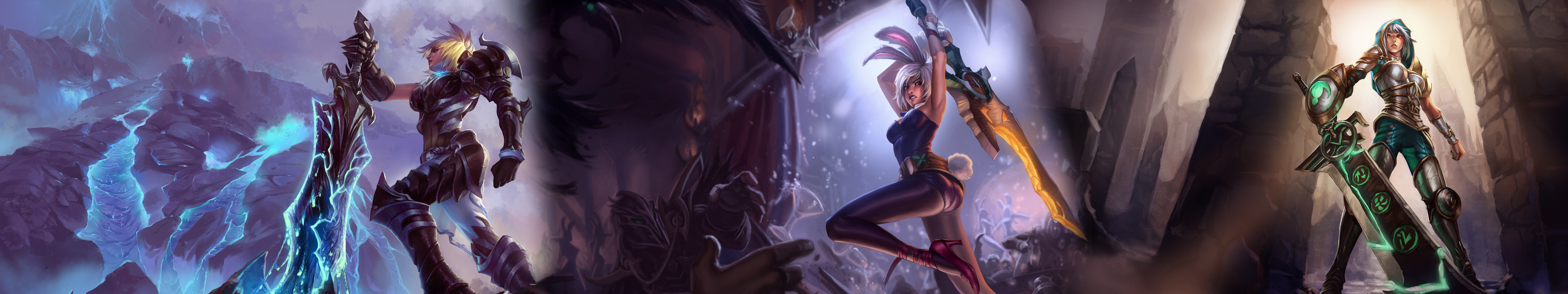 League of Legends characters collage with swords and armor HD Wallpaper