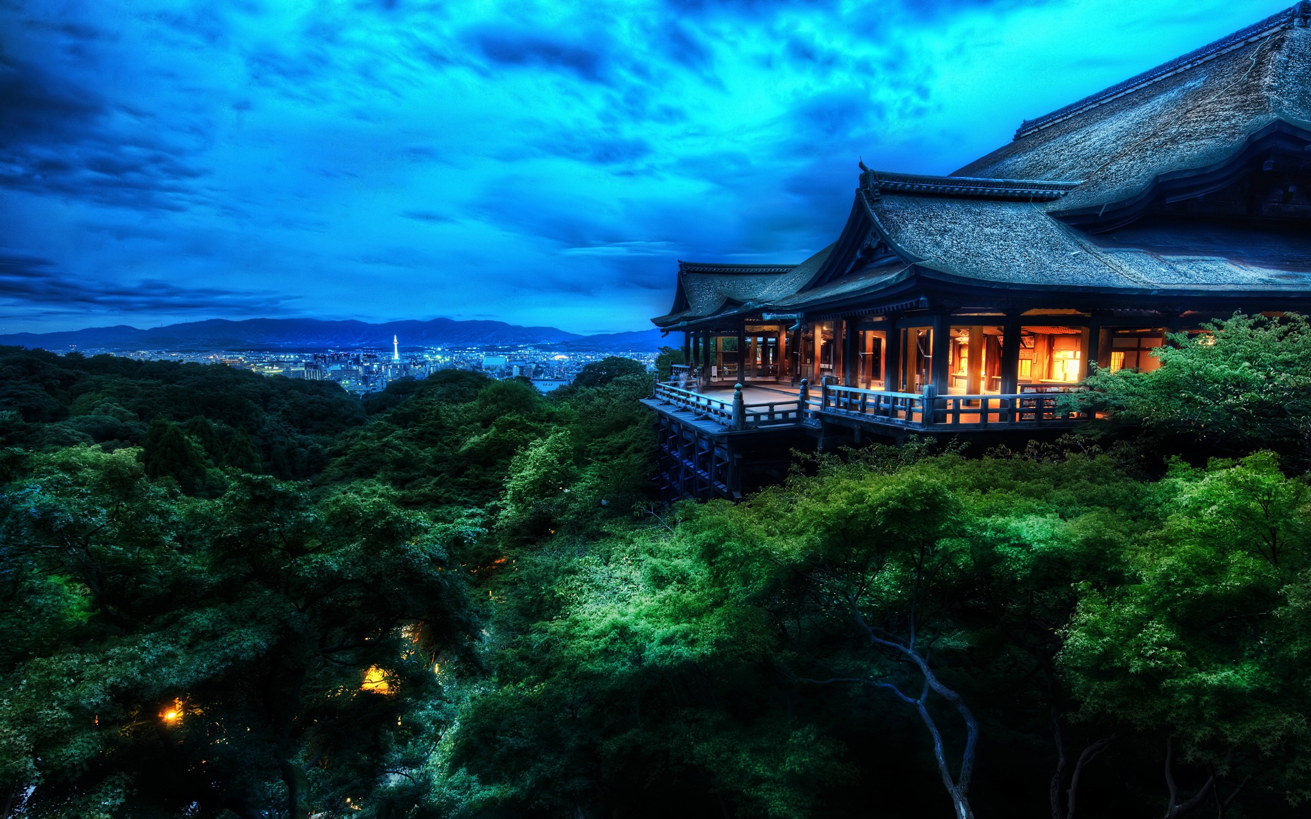 Japanese temple overlooking a city at dusk HD Wallpaper