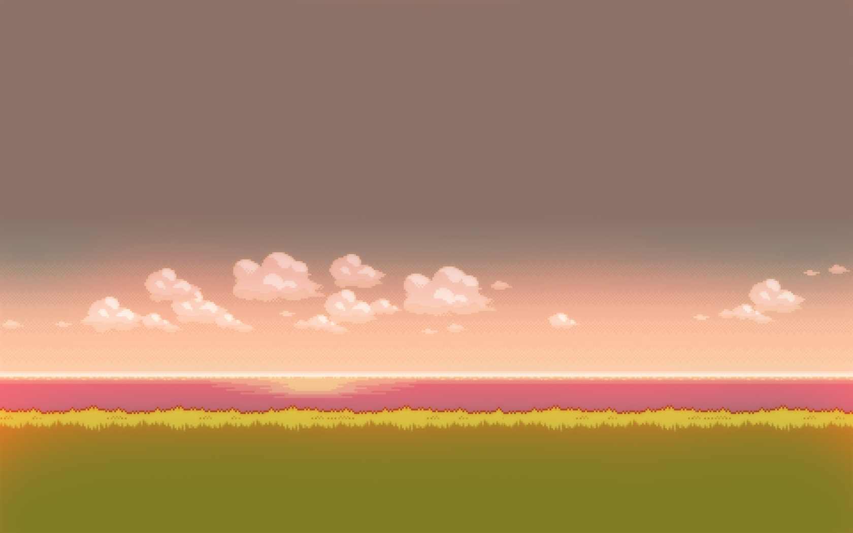 Pixel art landscape with clouds over water and grass HD Wallpaper