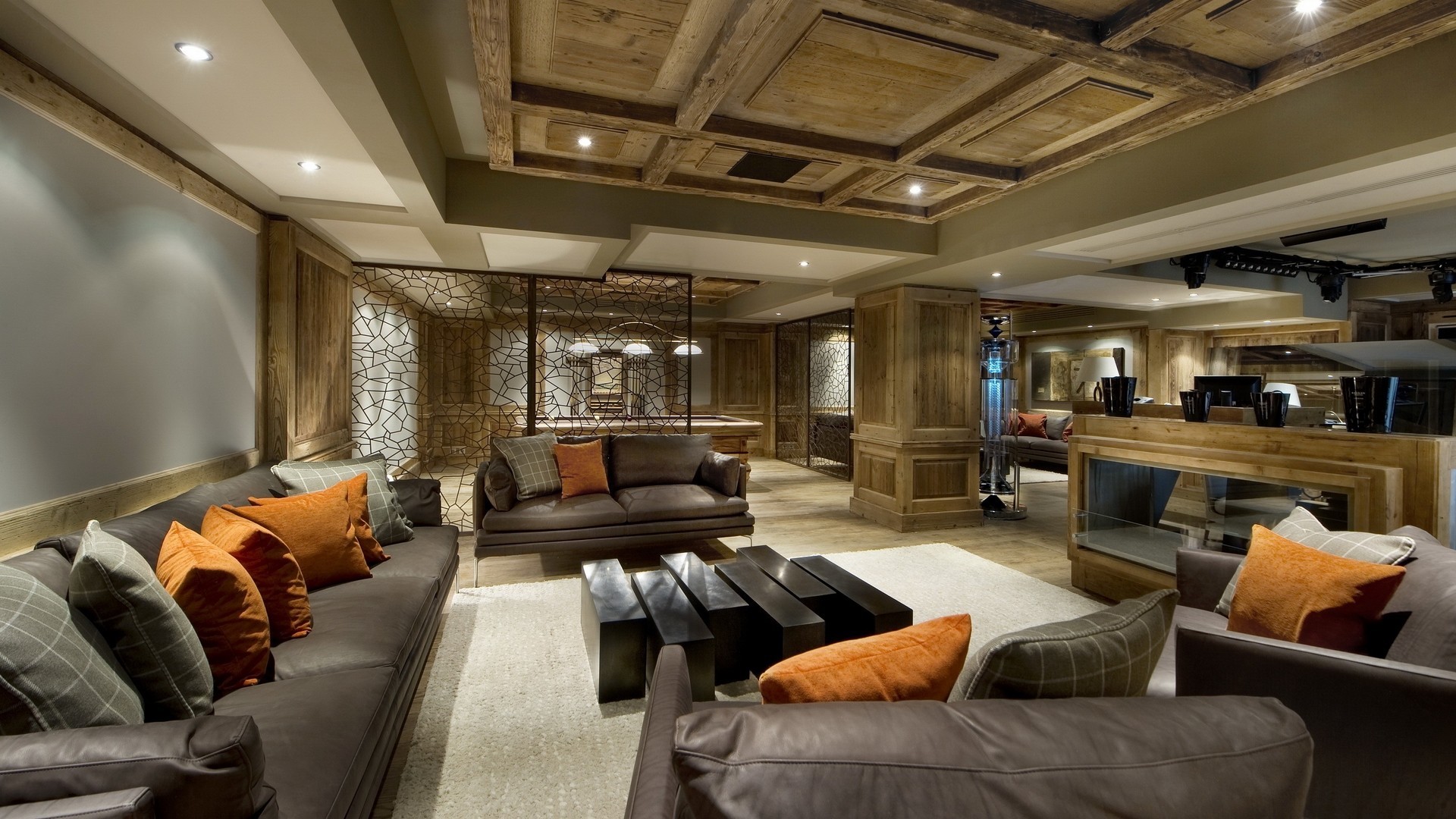 Luxurious rustic living room with pool table HD Wallpaper