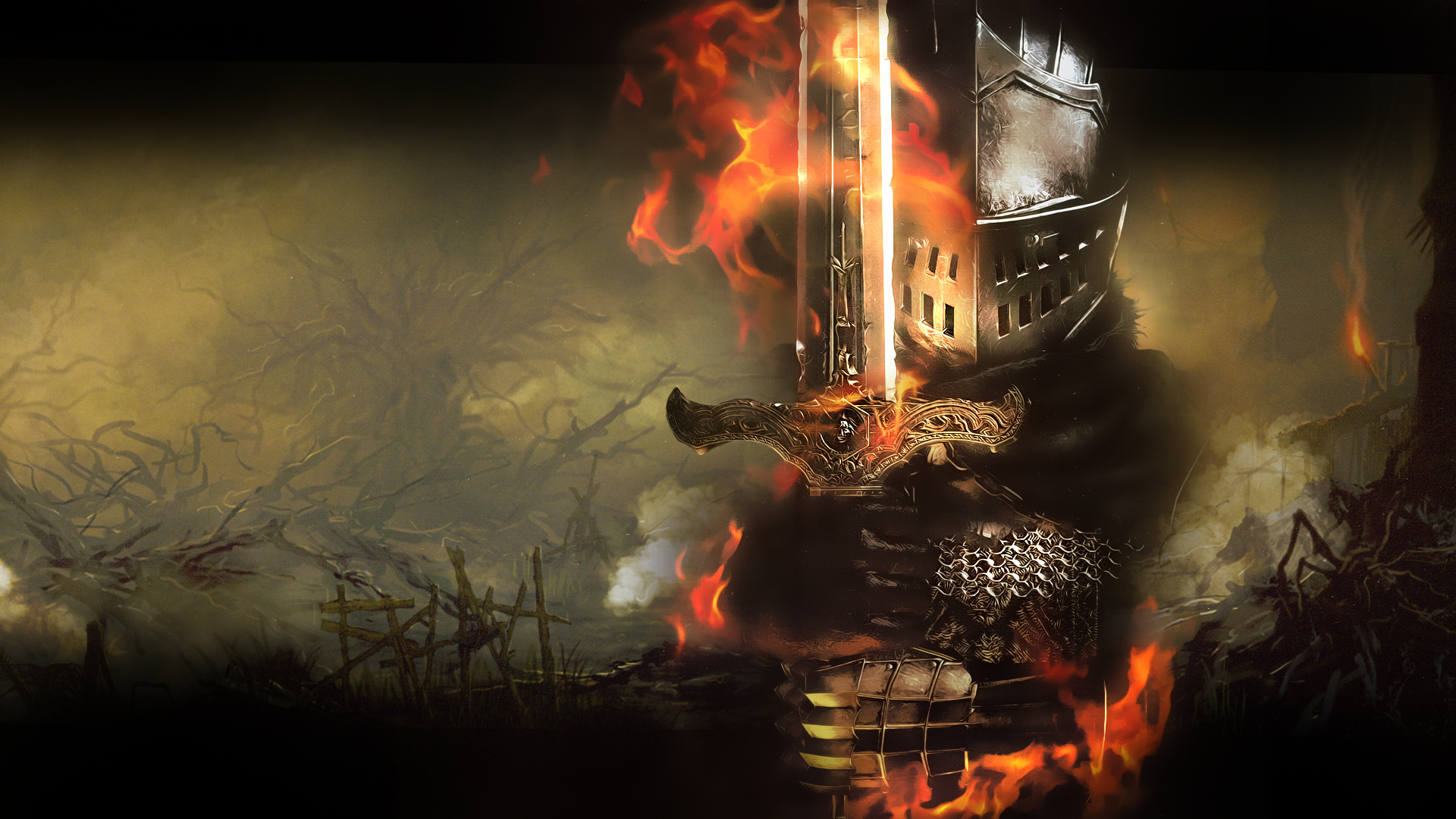 Dark Souls Knight with Flaming Sword HD Wallpaper