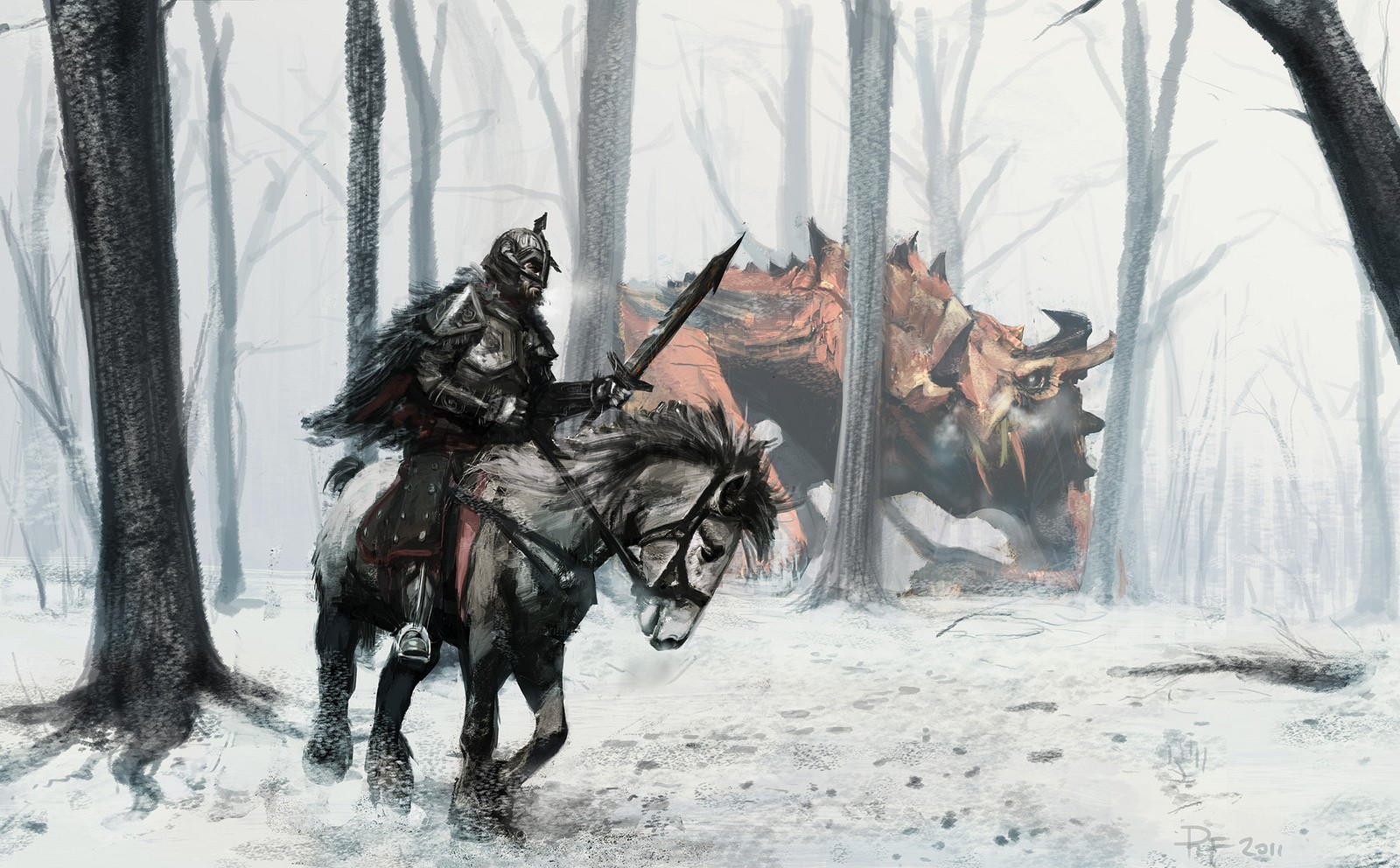 Dragon and warrior on horseback in Skyrim HD Wallpaper