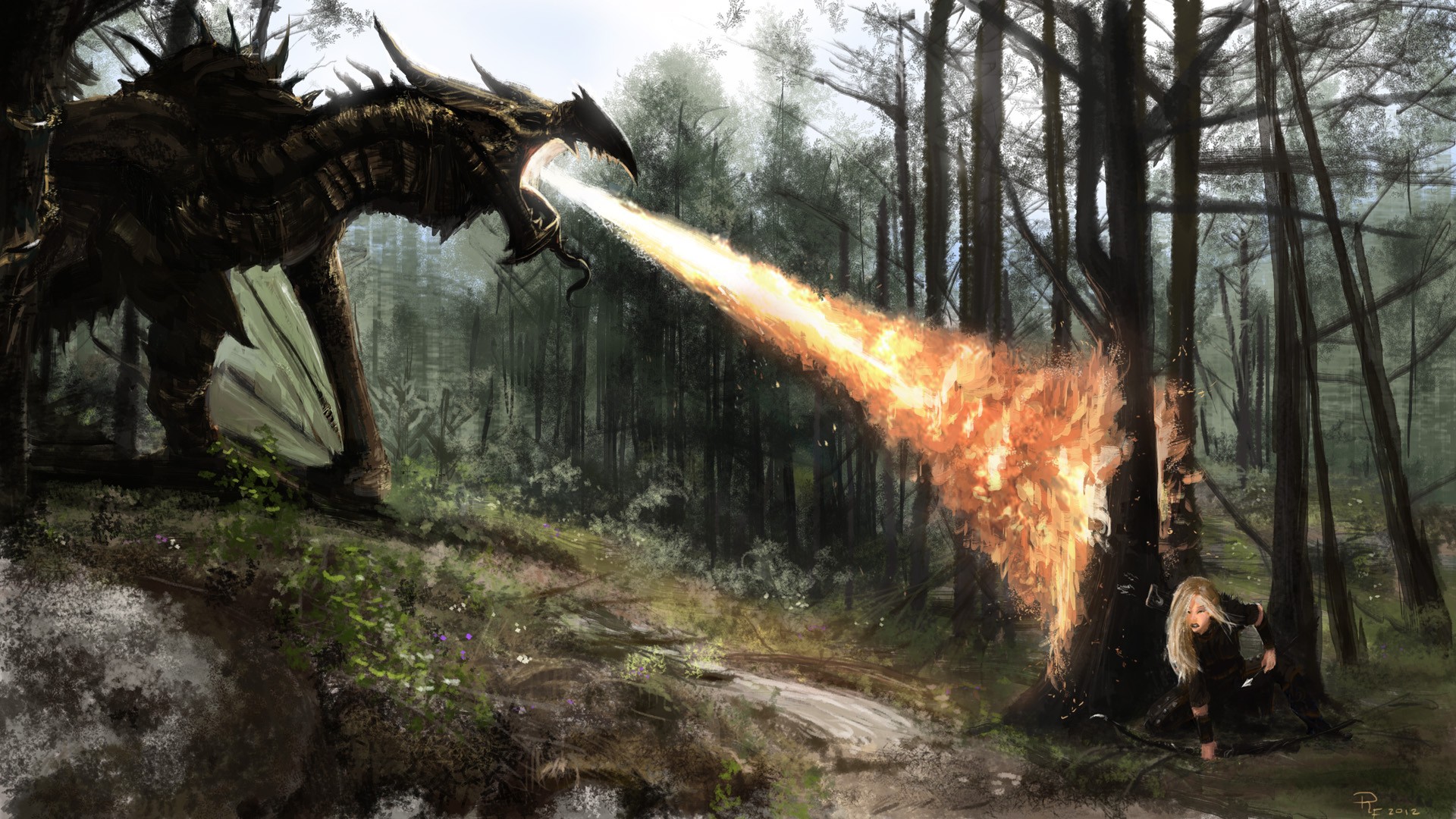 Dragon breathing fire at a girl in Skyrim forest HD Wallpaper