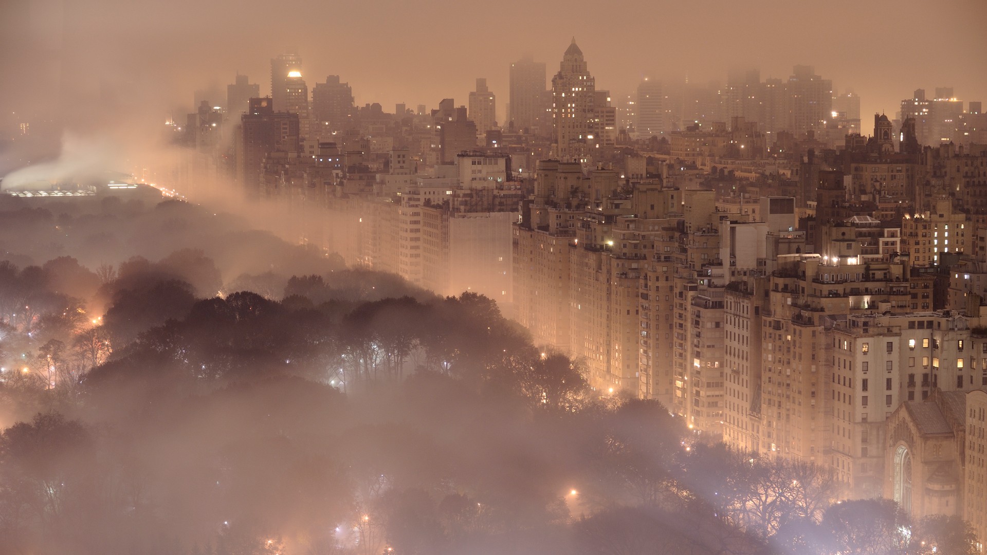 New York City cityscape over Central Park in fog HD Wallpaper