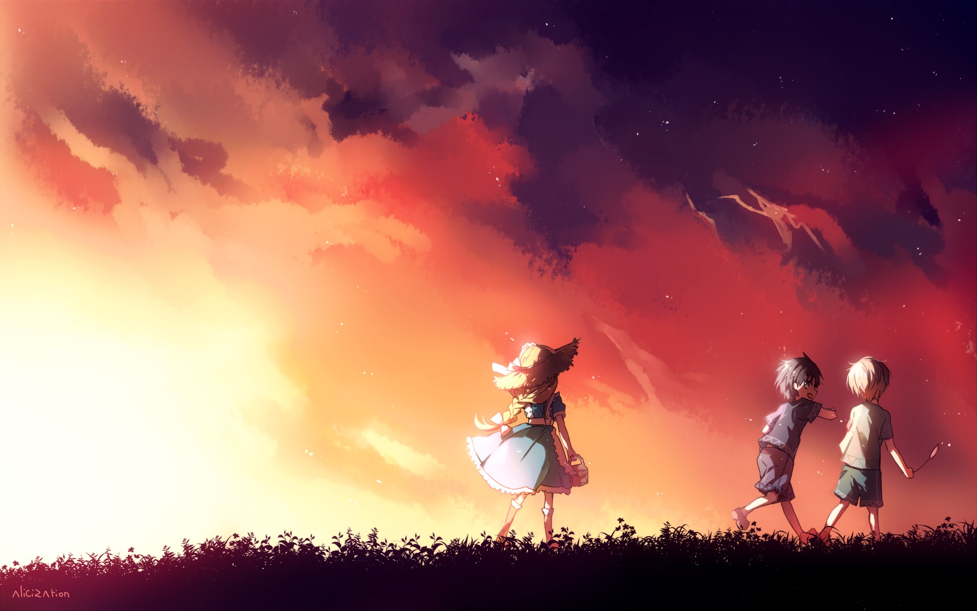 Anime children walking at sunset with clouds HD Wallpaper
