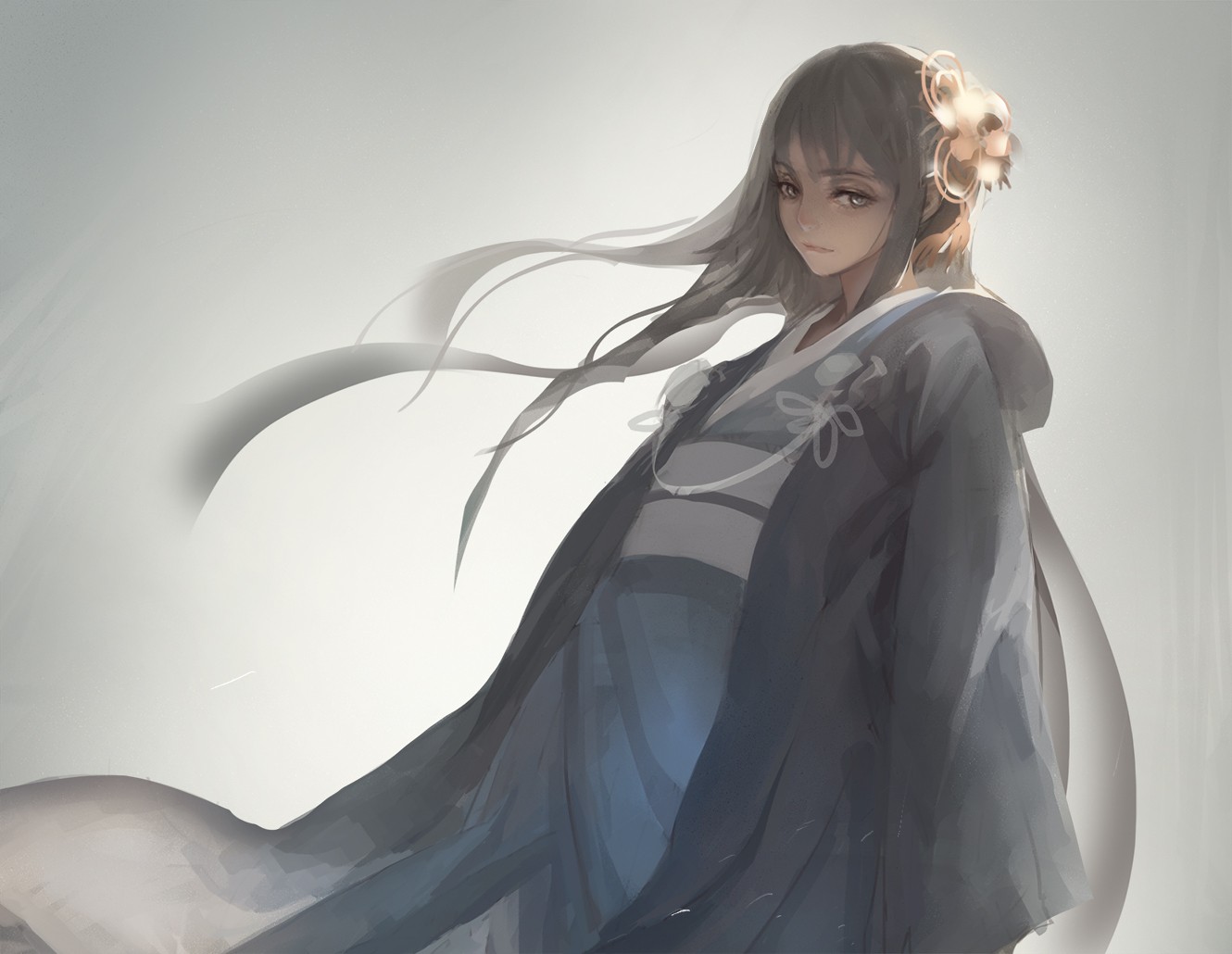 Anime girl in traditional Japanese clothes with hair ornament HD Wallpaper