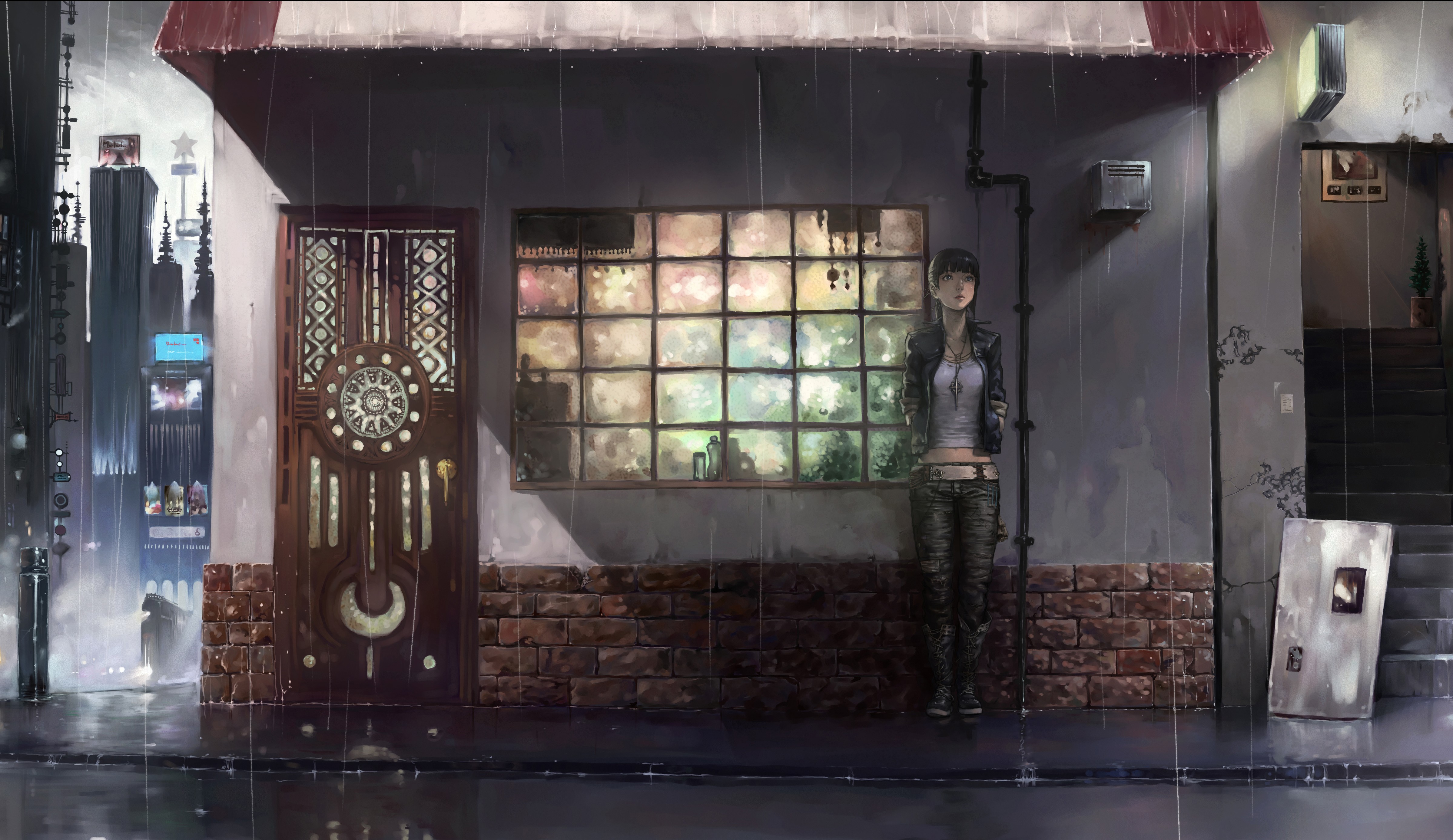Anime girl standing in the rain outside a shop HD Wallpaper