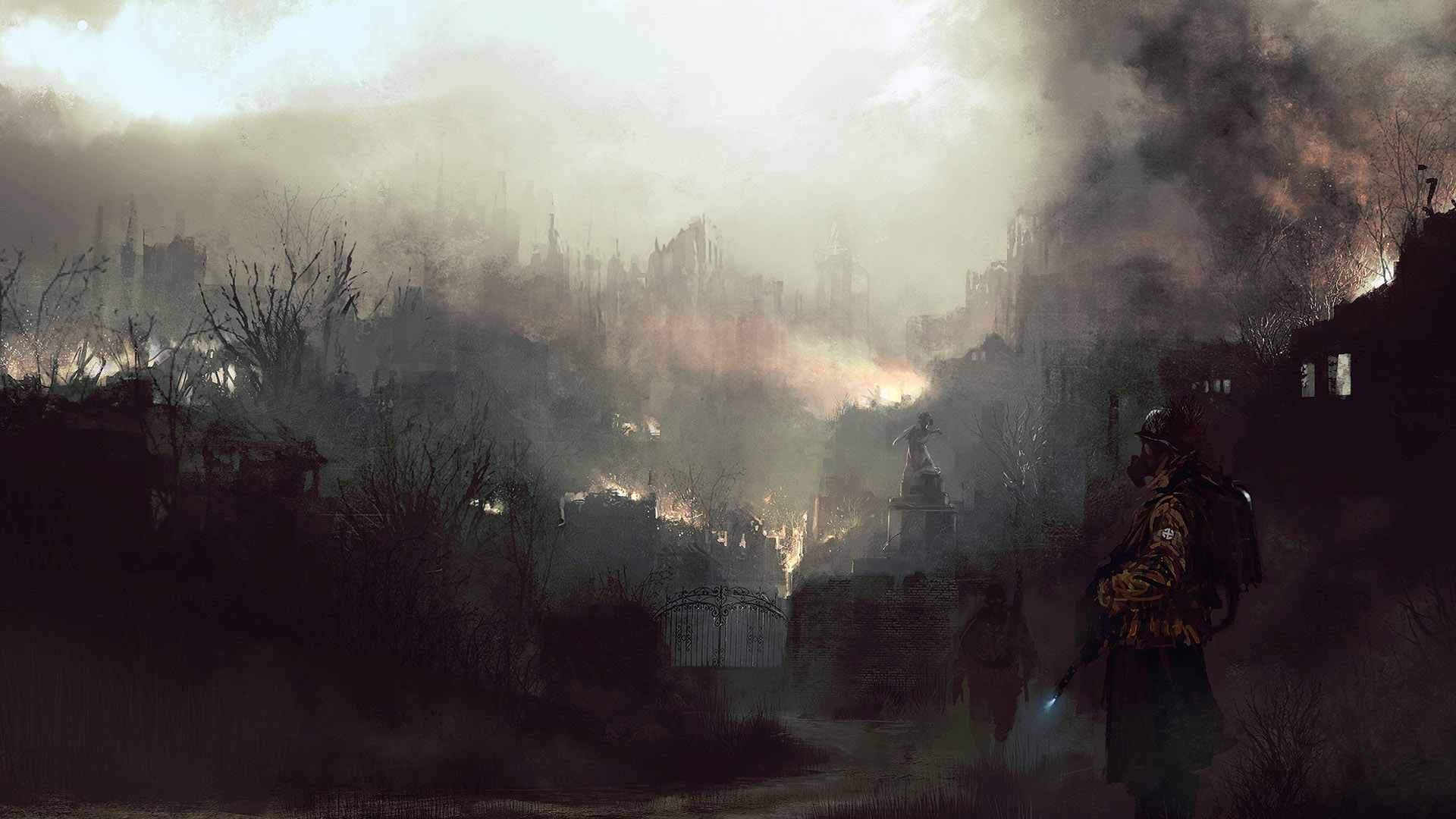 Apocalyptic city on fire with a soldier in a gas mask HD Wallpaper