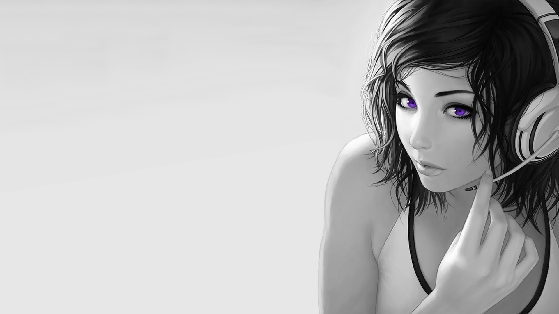 Artwork of a woman with purple eyes wearing headphones HD Wallpaper