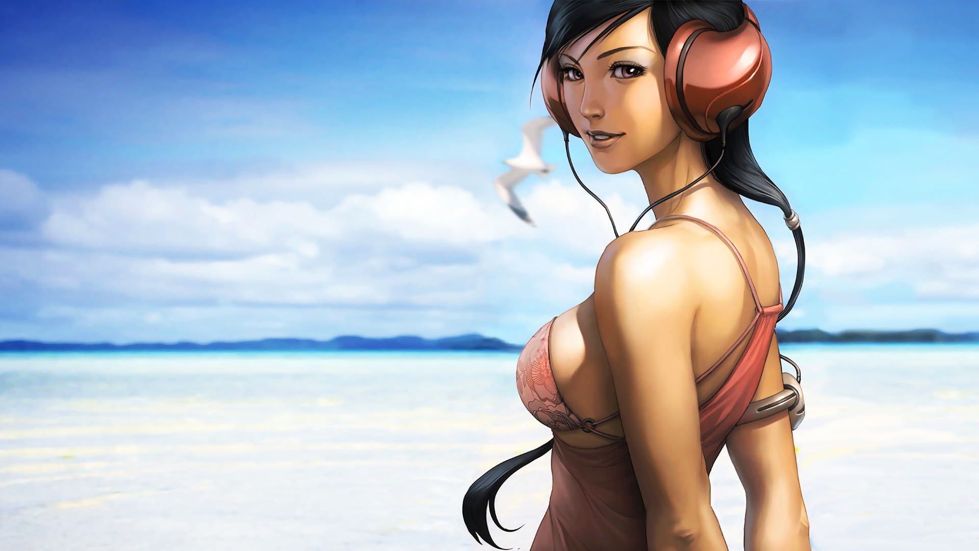 Artwork of a woman with headphones on a beach HD Wallpaper