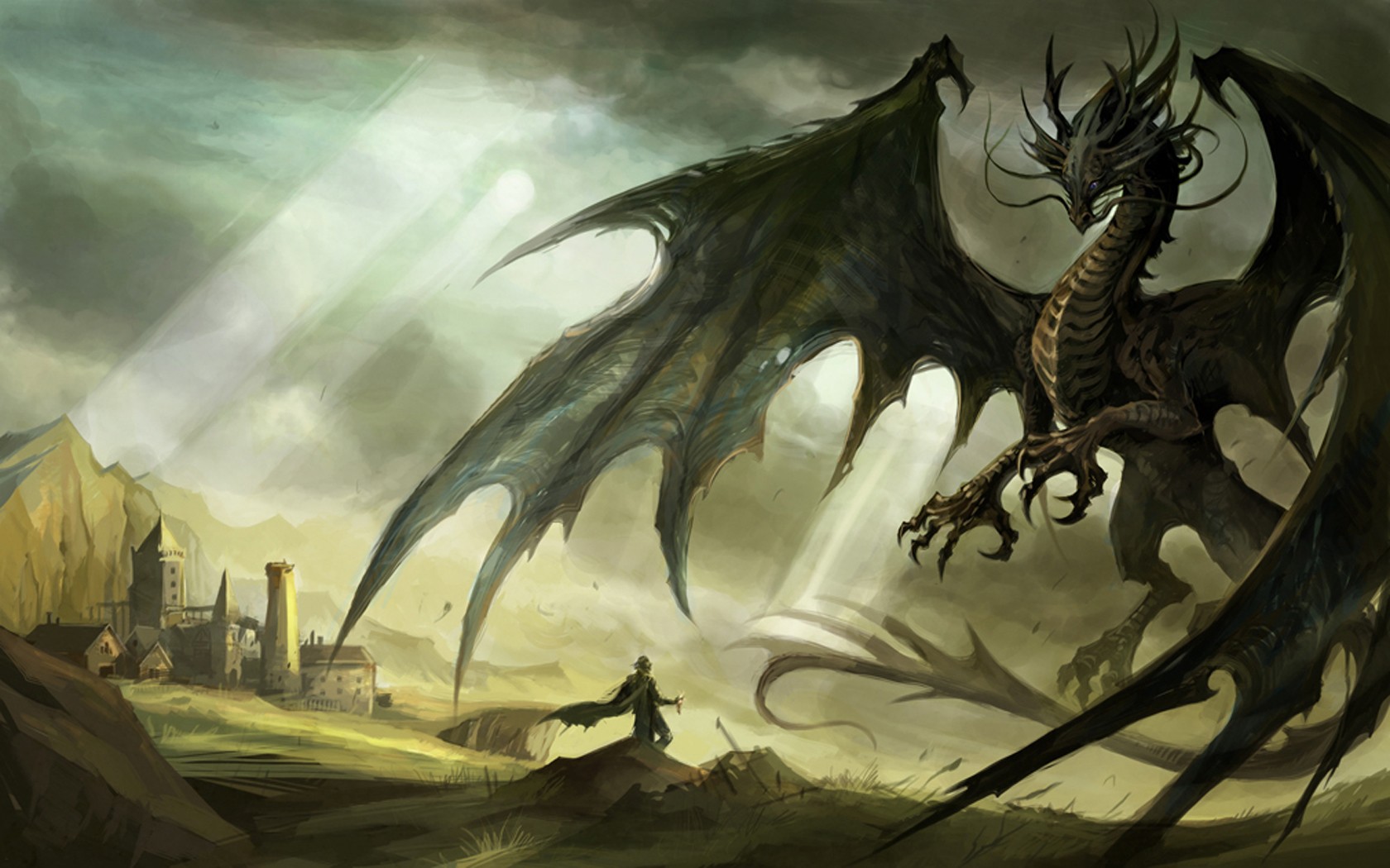Dragon confronts a warrior near a village HD Wallpaper