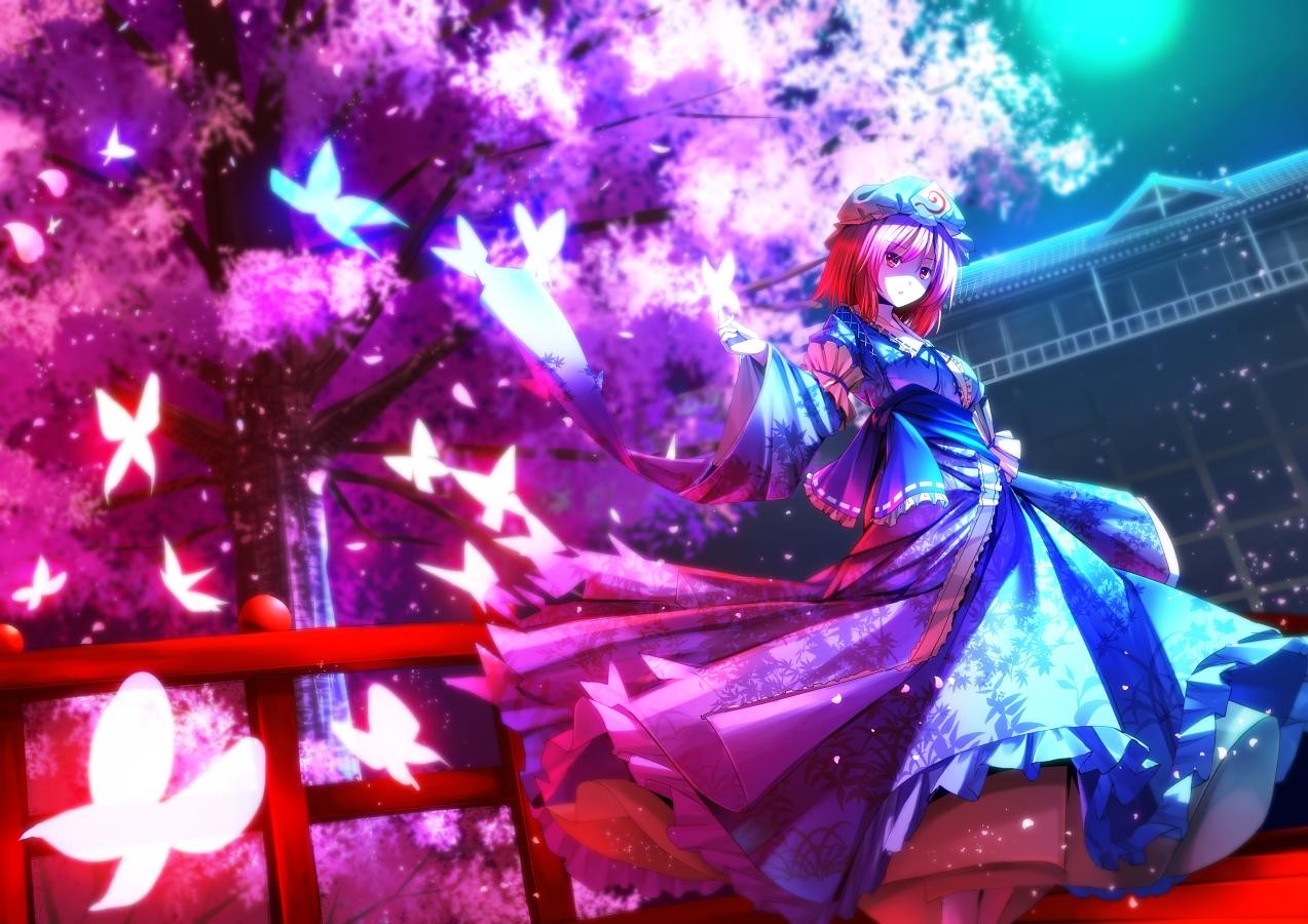 Saigyouji Yuyuko in a blue kimono with butterflies HD Wallpaper