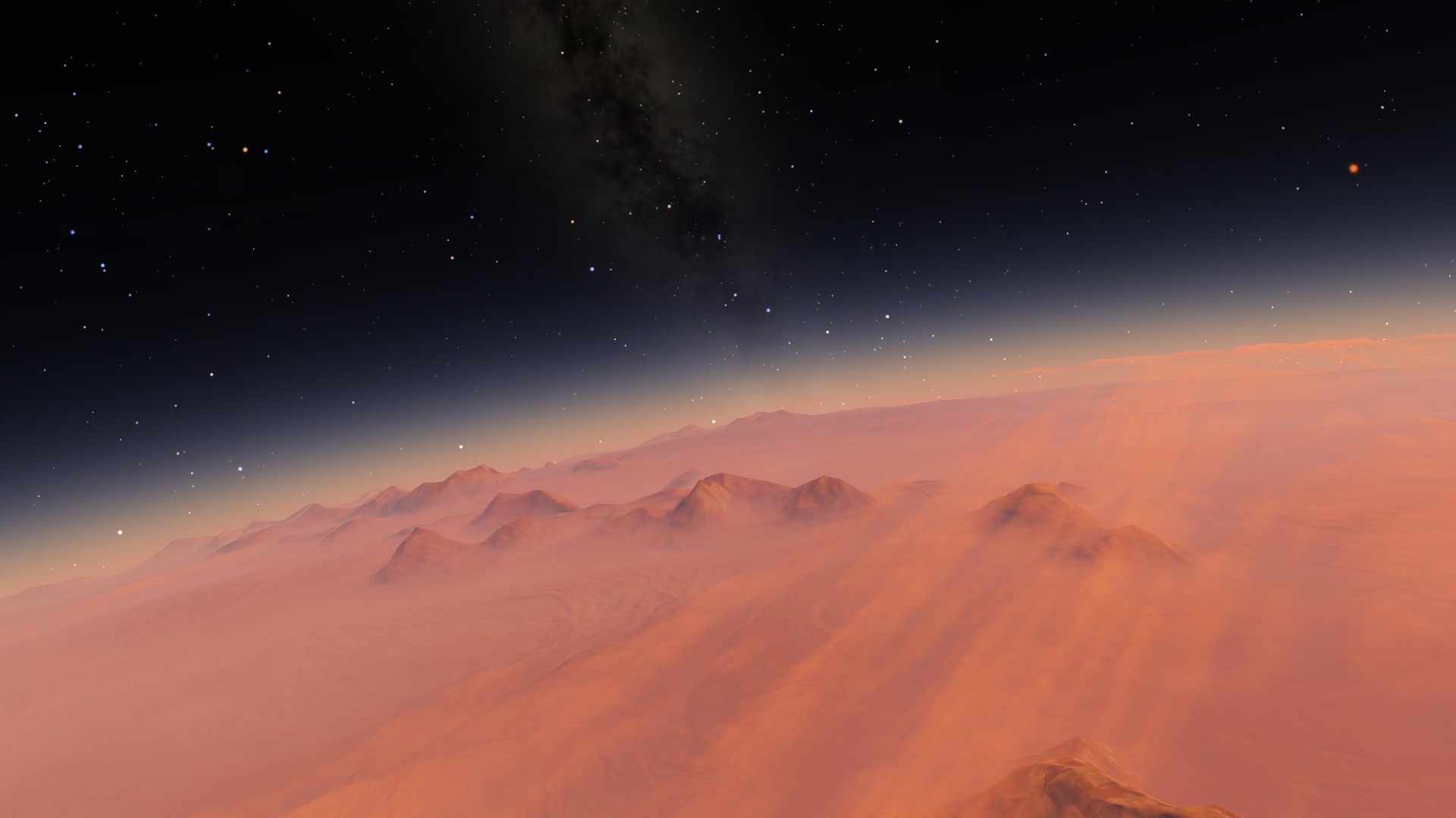 Digital art of a planet's surface with mountains under a starry sky HD Wallpaper