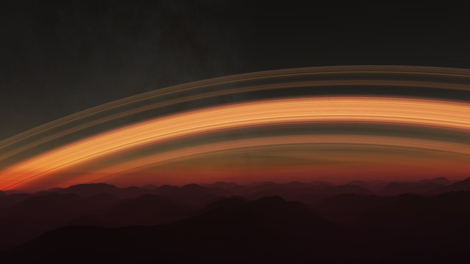 Digital art of planetary rings over a mountainous landscape HD Wallpaper