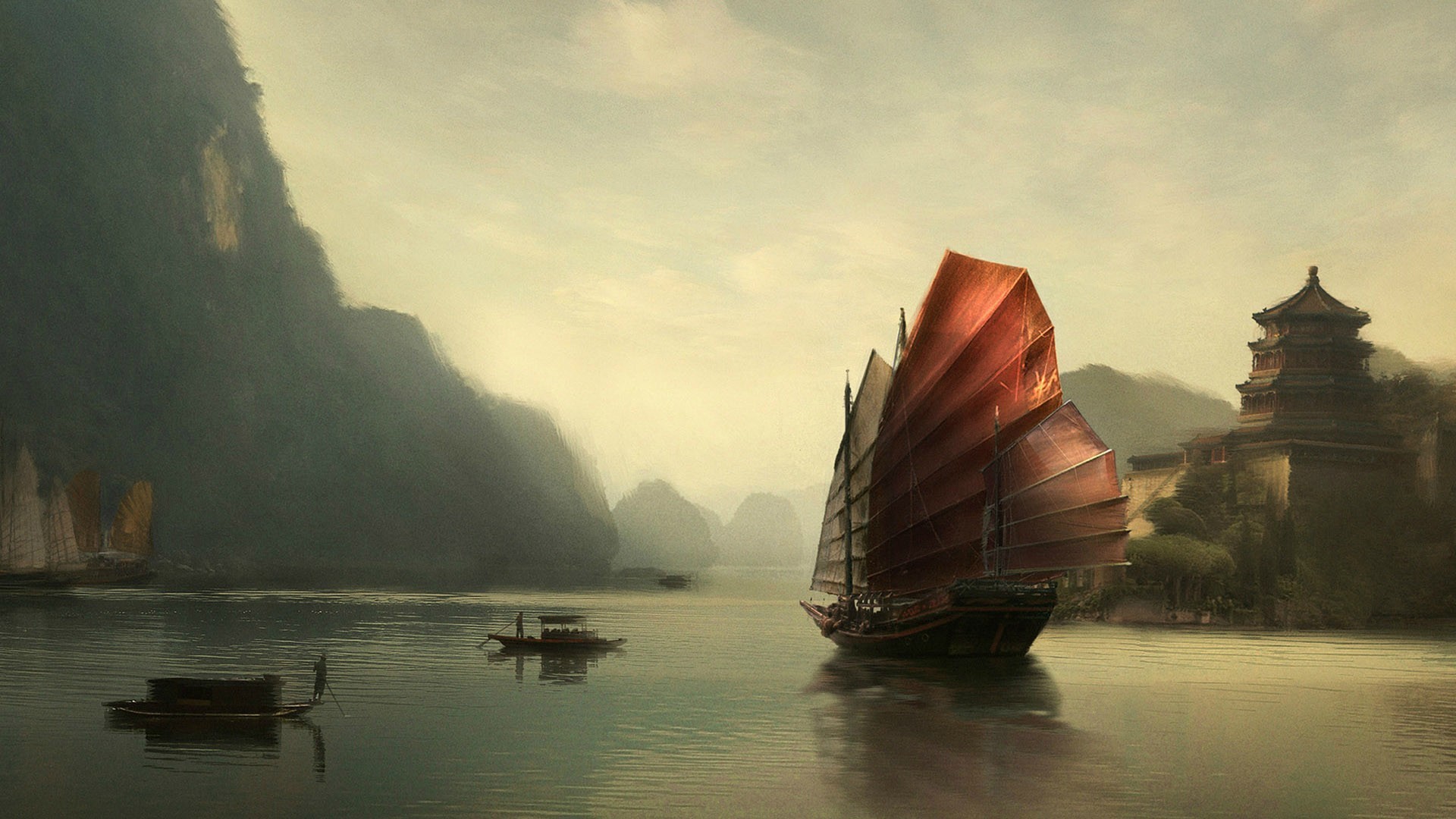 Painting of a Chinese junk ship near mountains and a temple HD Wallpaper