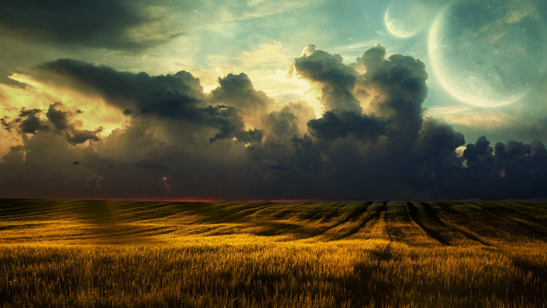Fantasy landscape with planets and stormy clouds HD Wallpaper