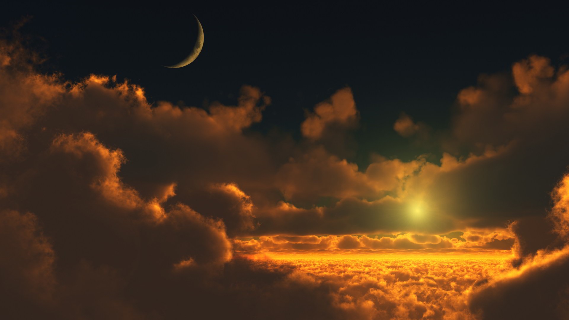 Crescent Moon and Sun over Clouds at Sunset HD Wallpaper