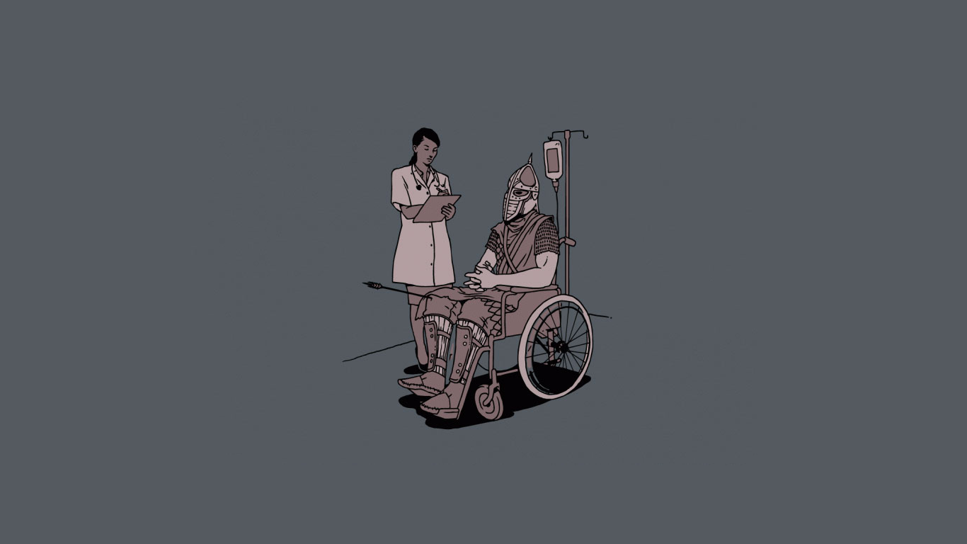 Elder Scrolls V: Skyrim warrior in wheelchair with nurse HD Wallpaper