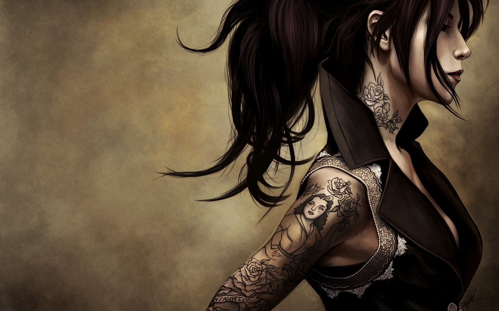 Woman with tattoos in profile HD Wallpaper