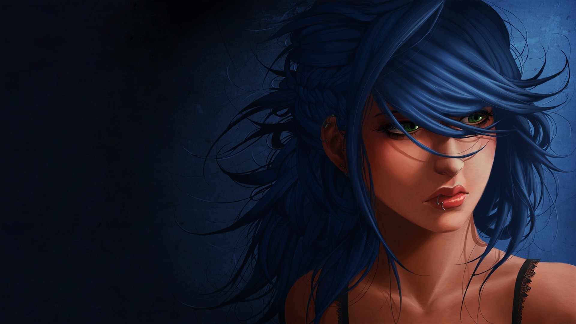 Digital art of a woman with blue hair and green eyes HD Wallpaper