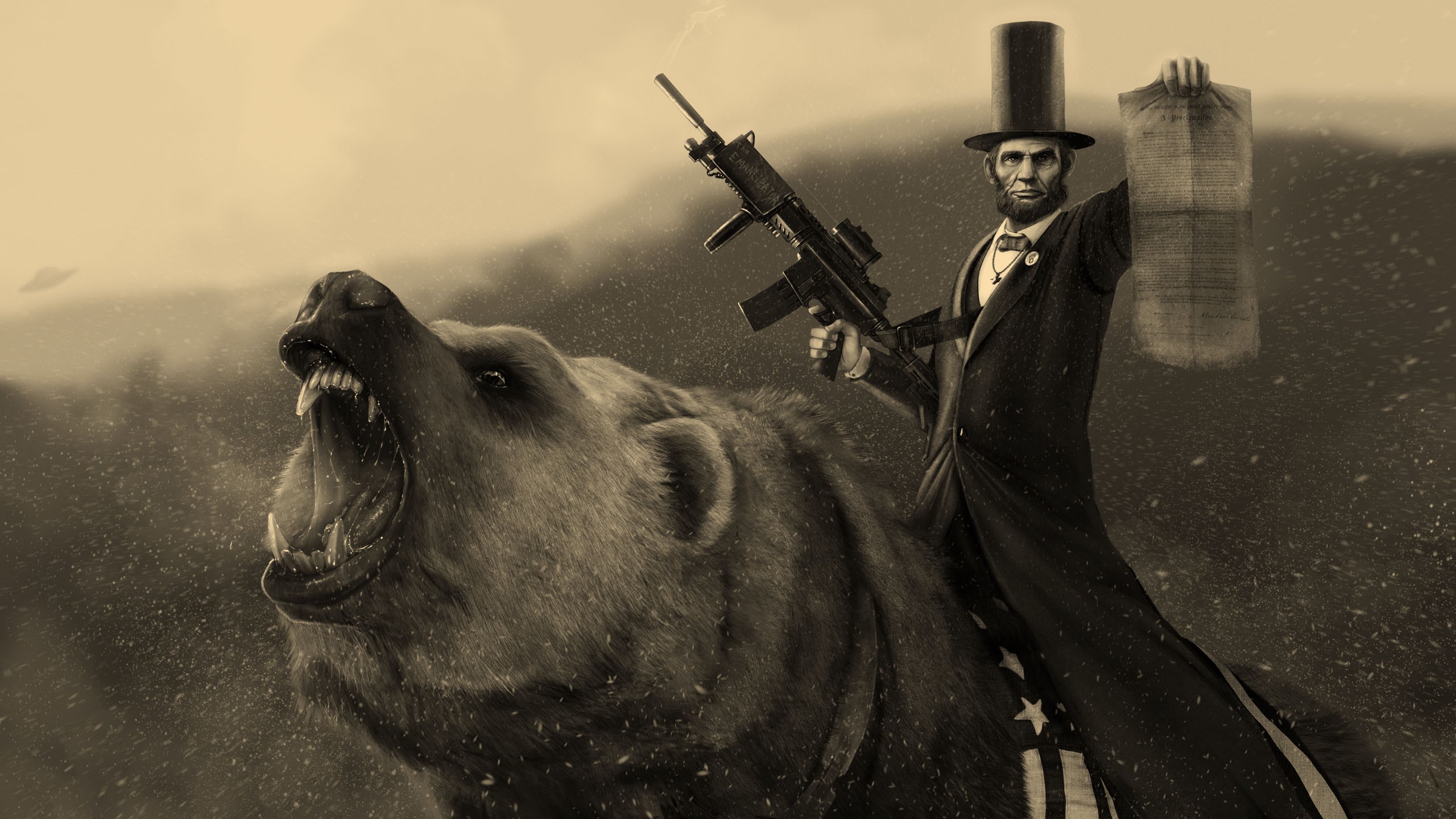 Abraham Lincoln riding a bear with a rifle HD Wallpaper