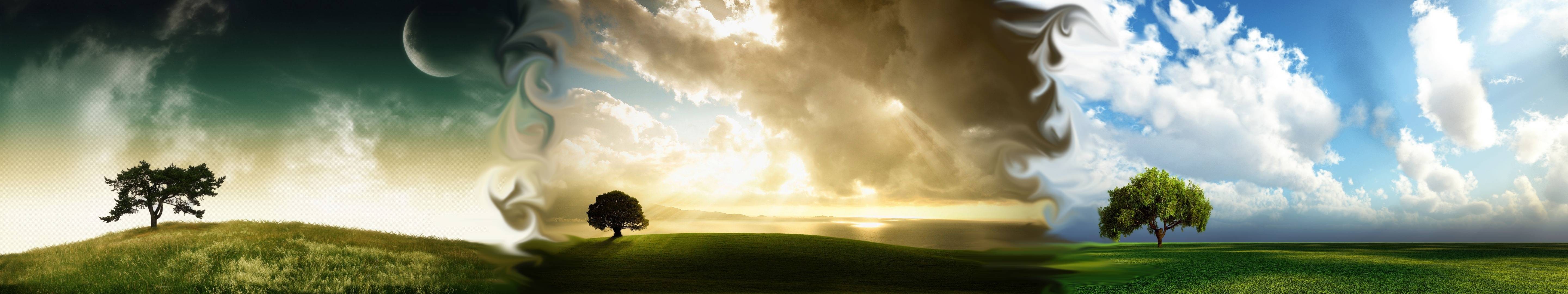 Digital art collage of trees and sky with a planet HD Wallpaper