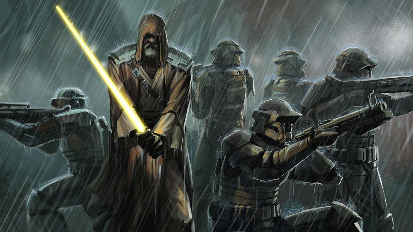 Jedi with yellow lightsaber and troopers in the rain HD Wallpaper