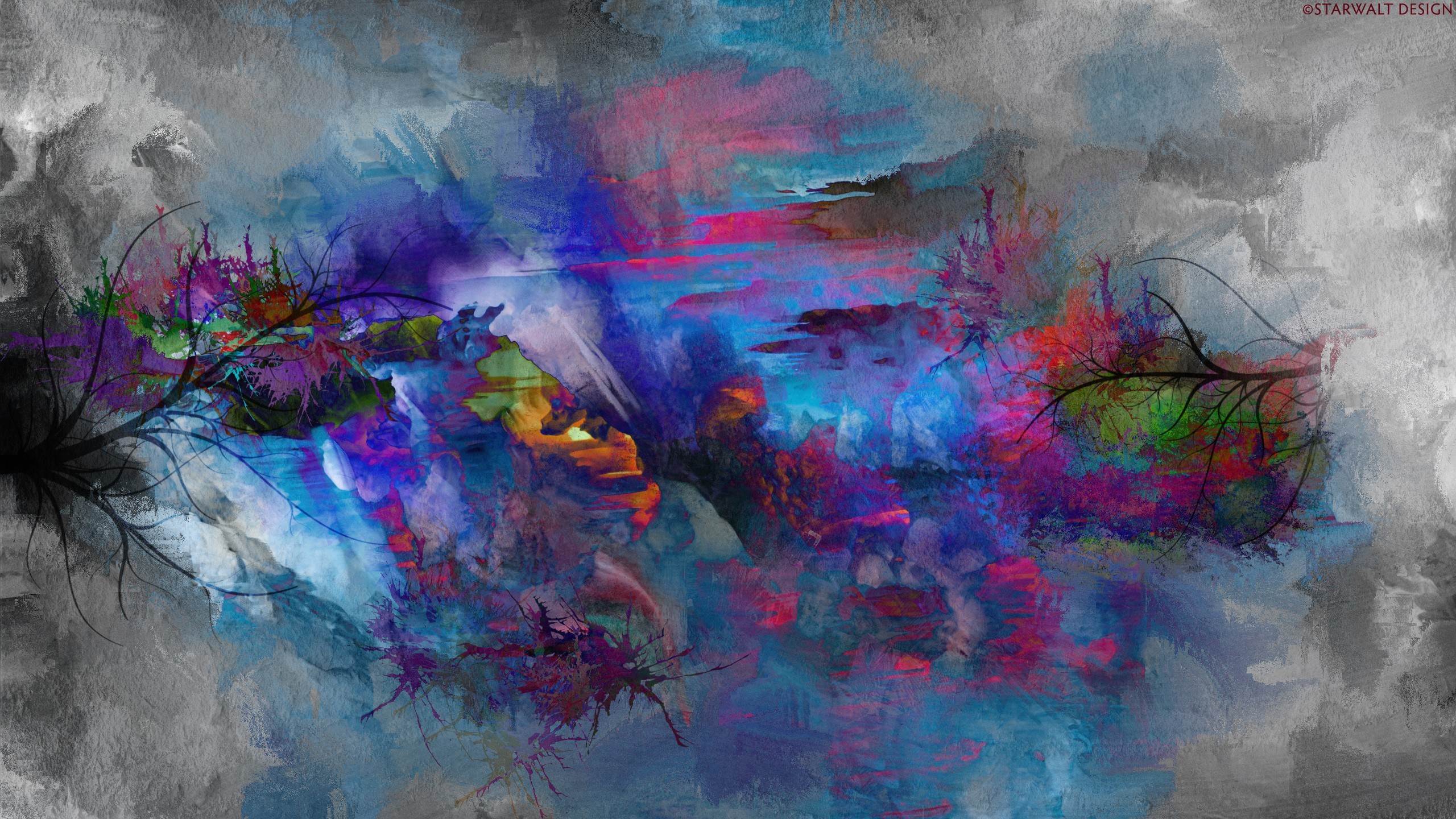 Abstract painting with colorful brushstrokes and branches HD Wallpaper