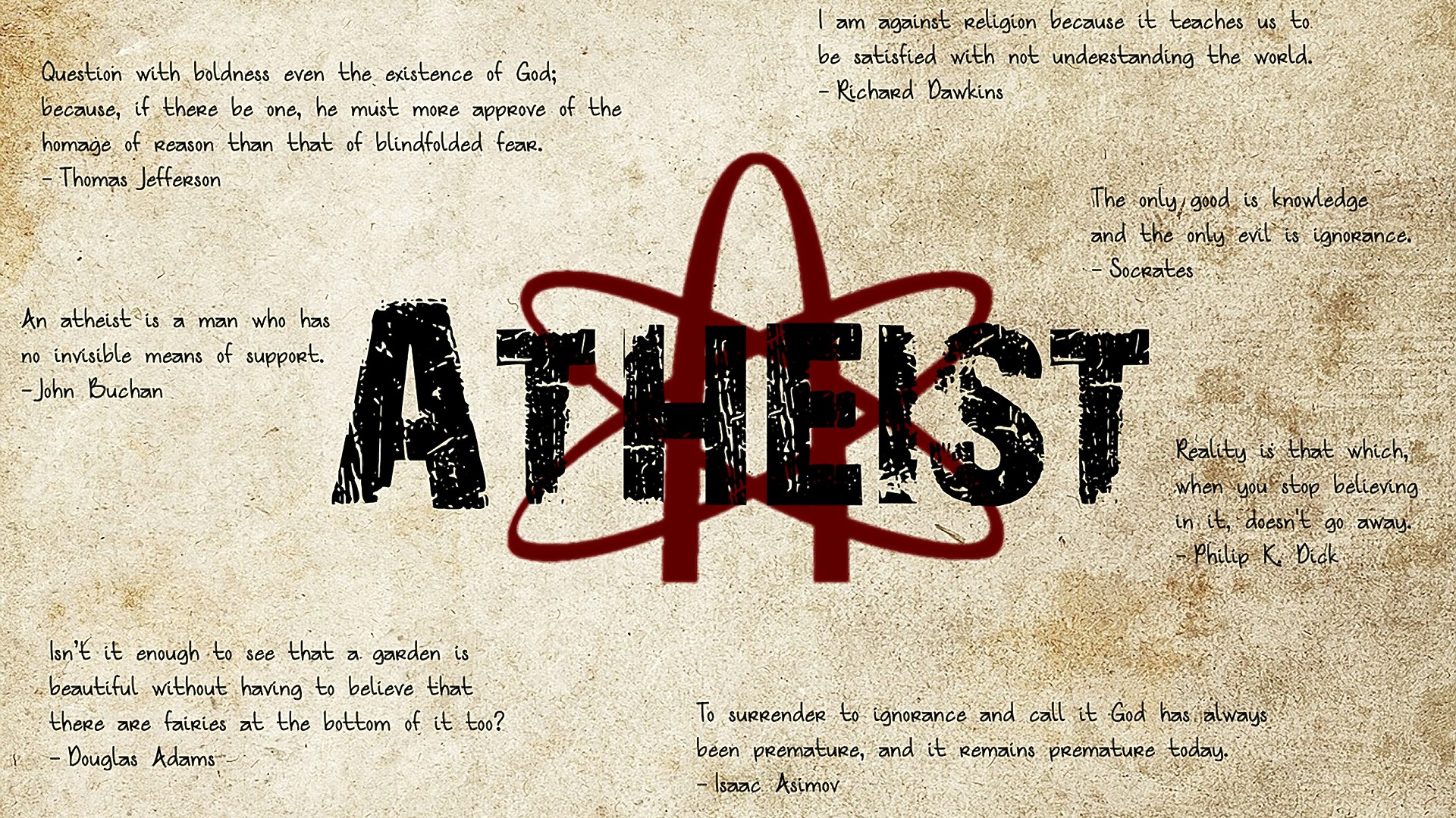 Atheist quotes with atomic symbol HD Wallpaper