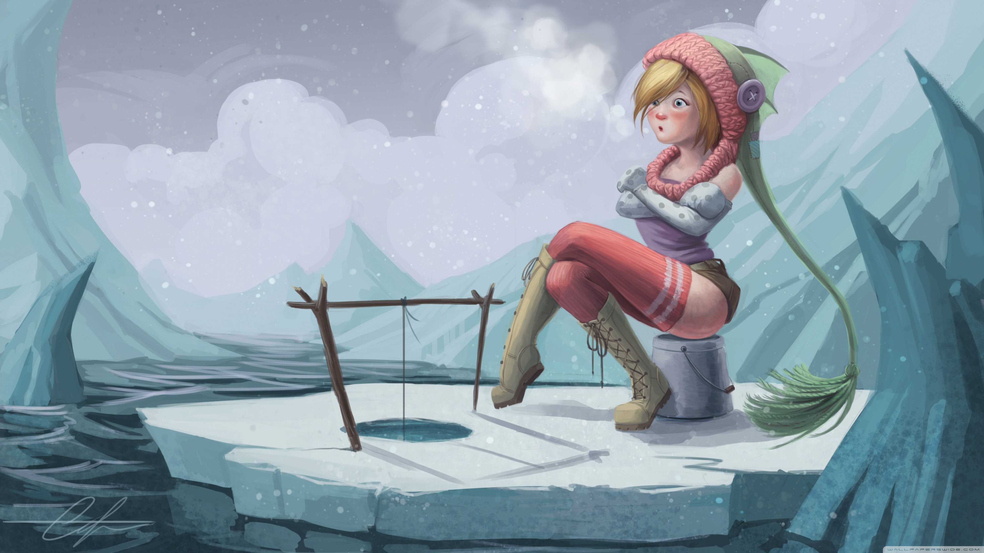 Fantasy girl ice fishing in a frozen landscape HD Wallpaper