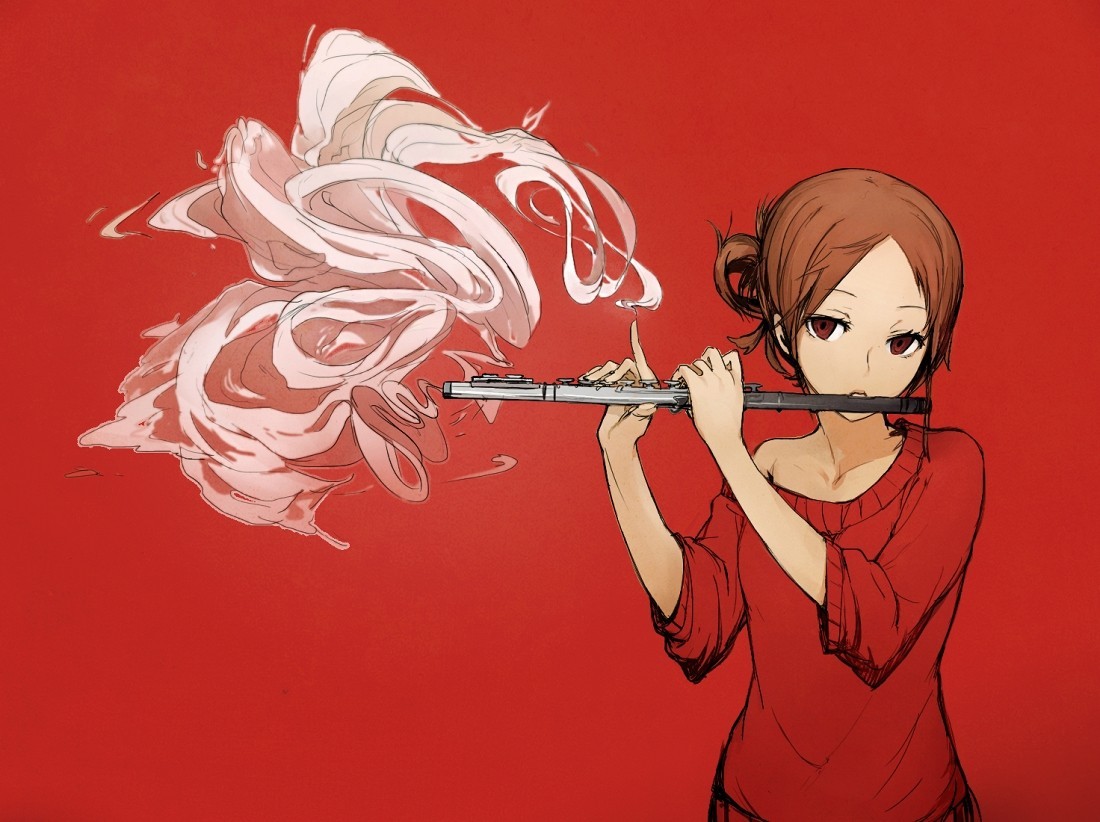 Anime girl playing flute with smoke effect HD Wallpaper